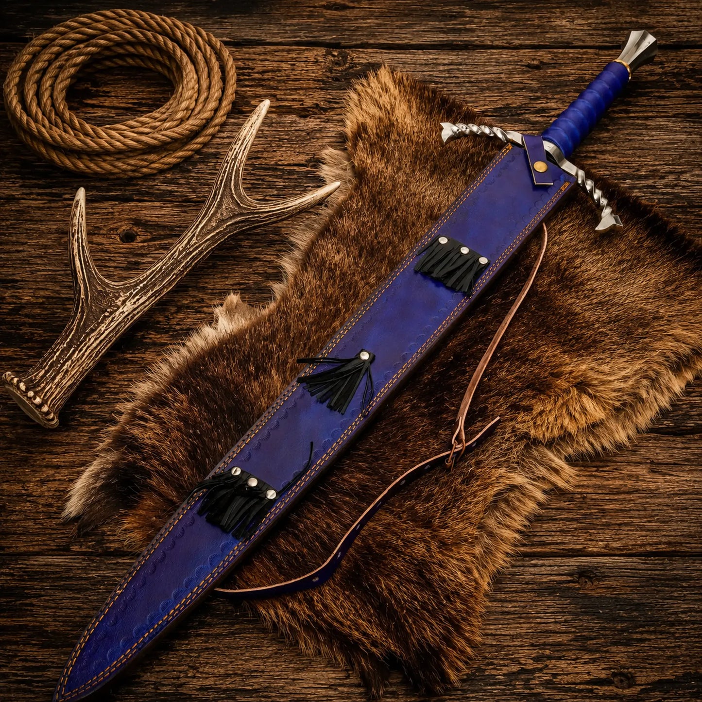 Custom Damascus steel sword with blue leather sheath and twisted guard on western rustic wood backdrop.