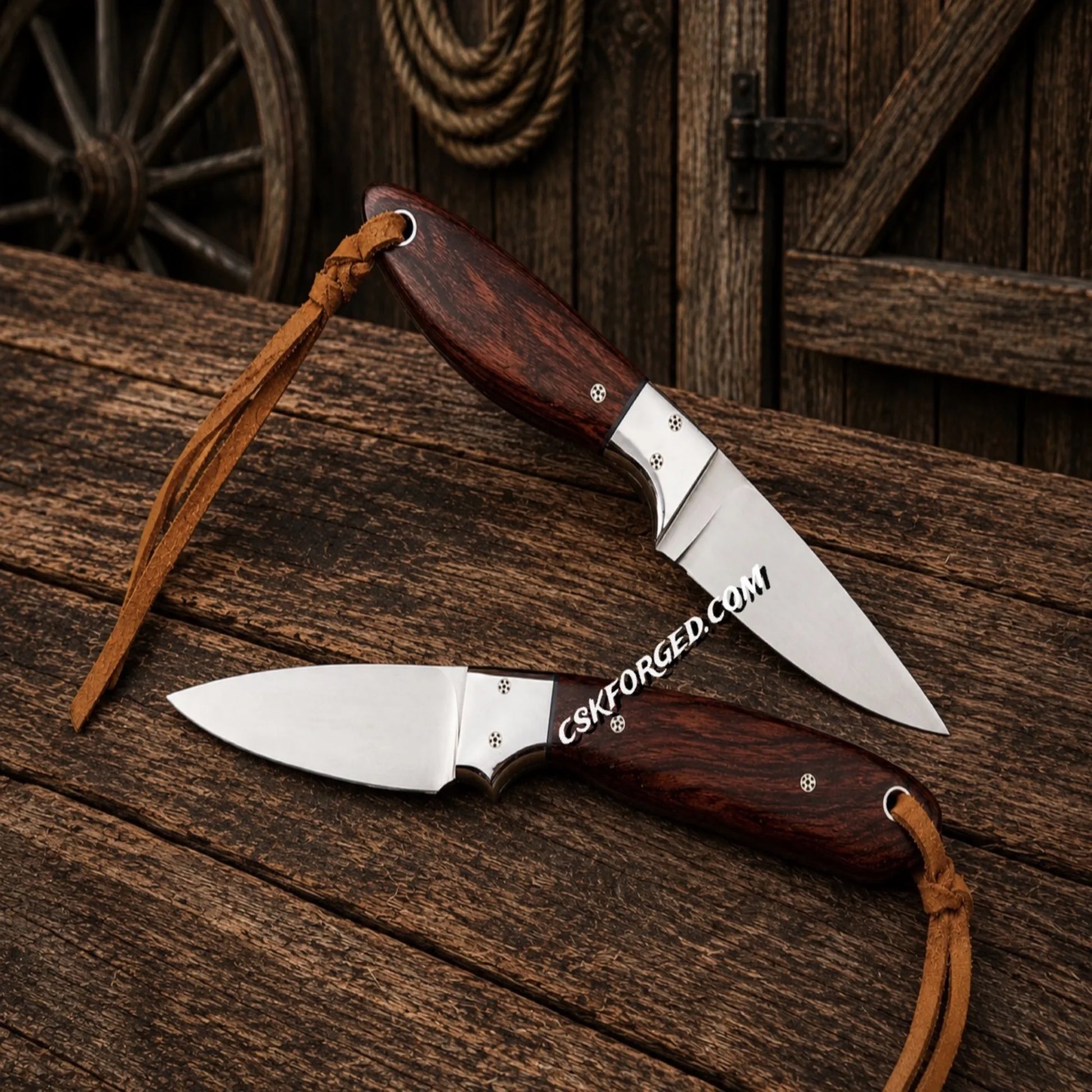 Buckaroo sheath knife set with D2 steel blade and wood handle