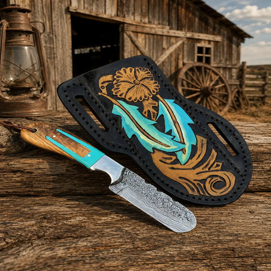 Handmade bull cutter knife with Damascus steel blade and pancake sheath