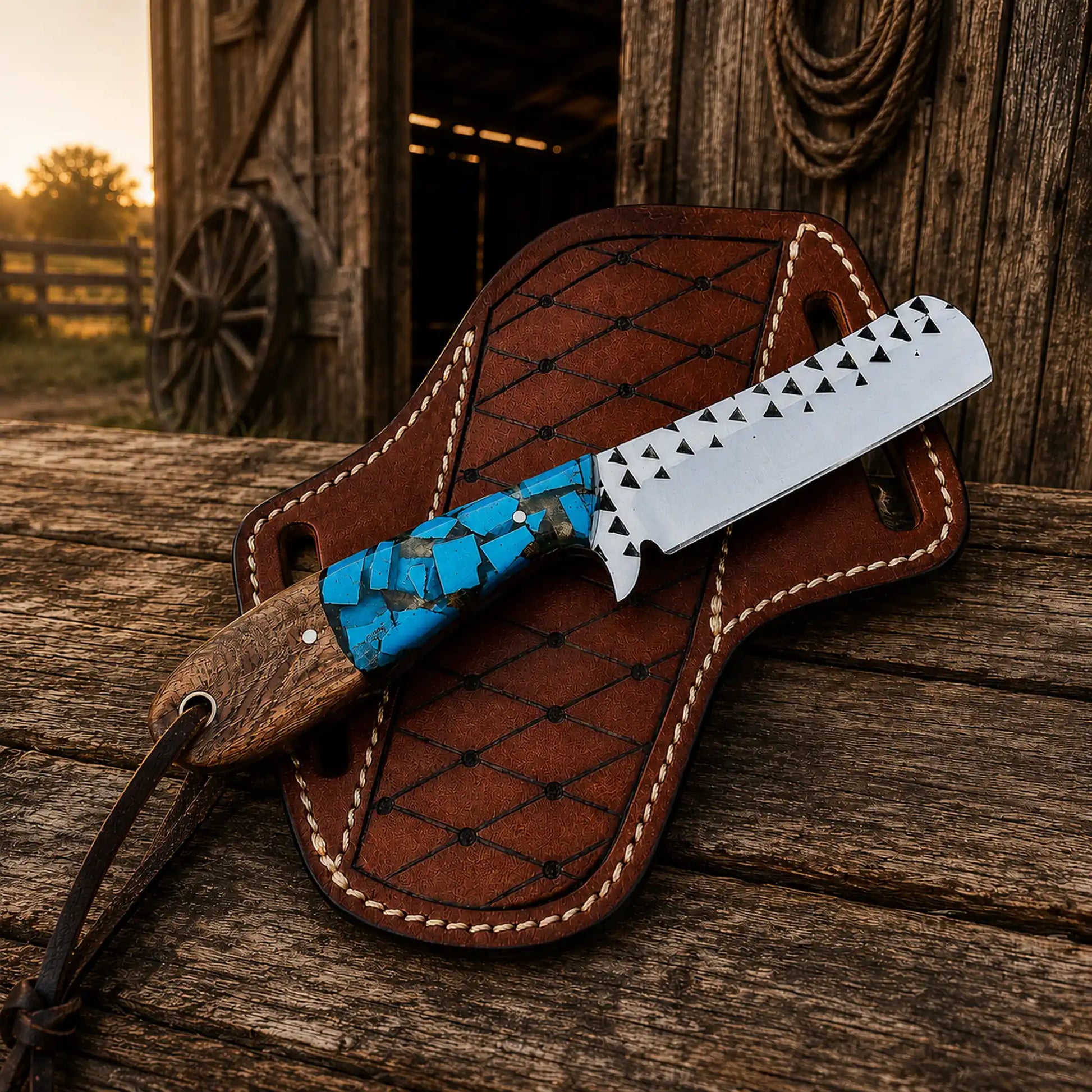 Handmade bull cutter knife with turquoise handle and pancake sheath