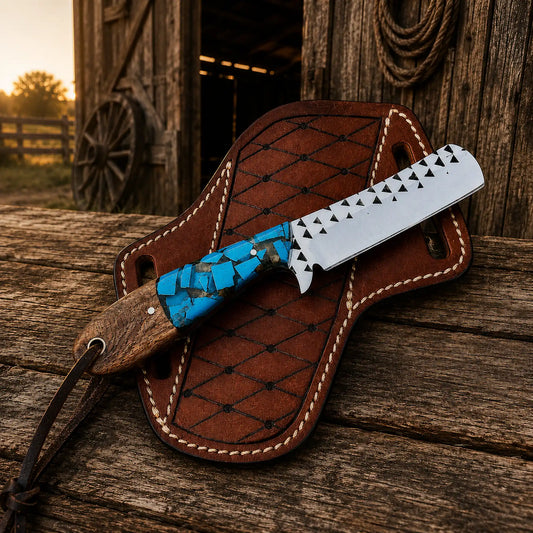 Handmade bull cutter knife with turquoise handle and pancake sheath