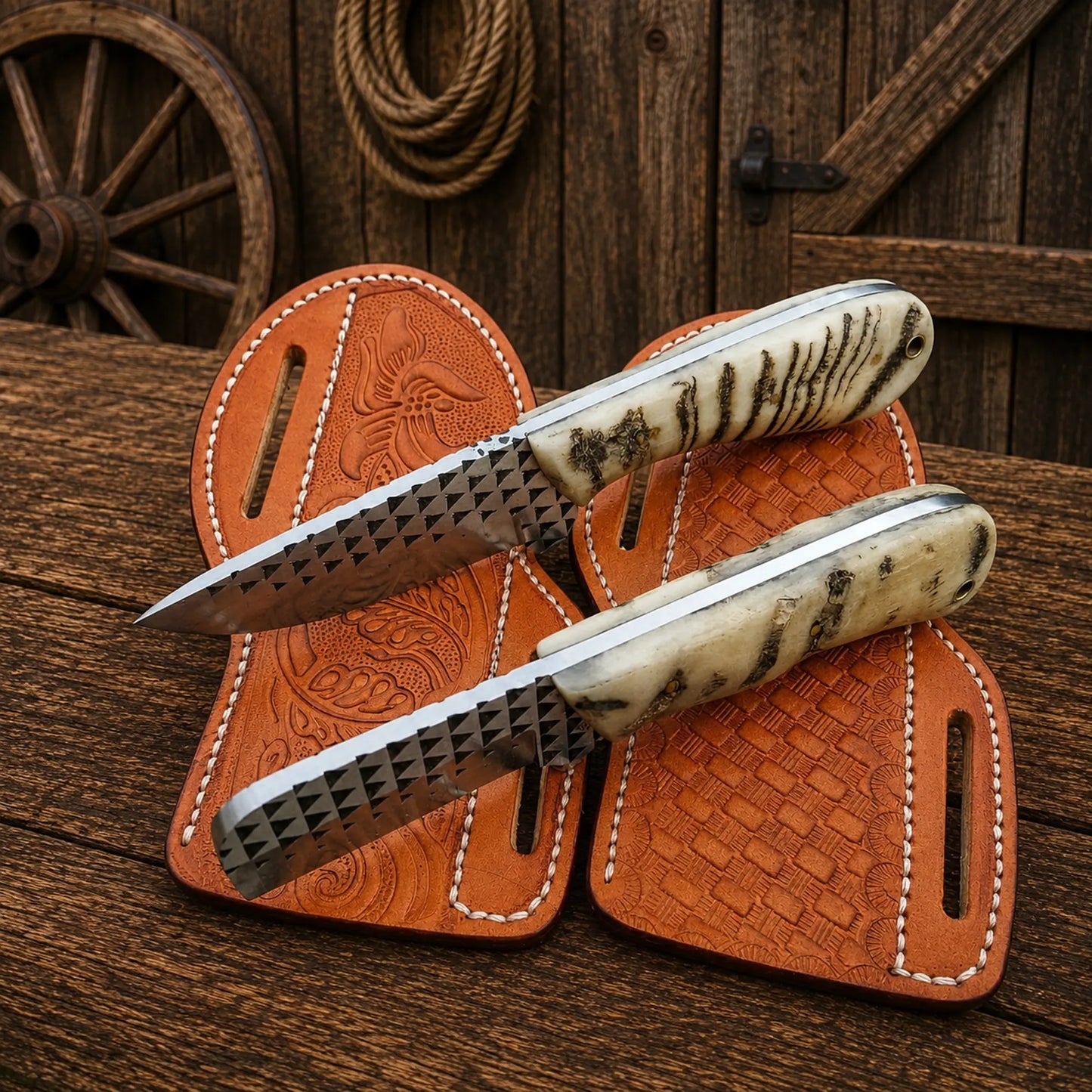 Western ranch knife set with premium leather cross draw sheaths and handmade blades.