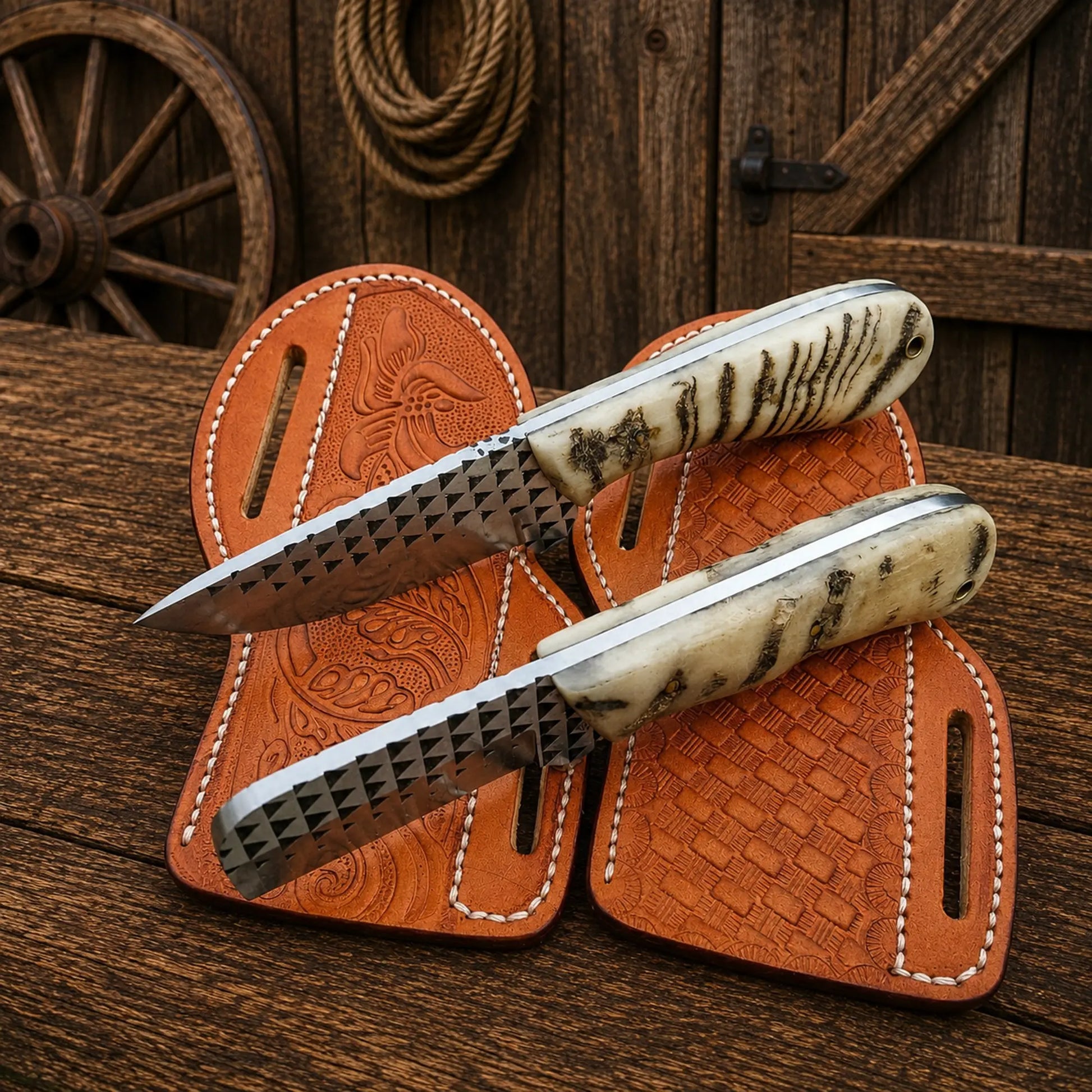 Western ranch knife set with premium leather cross draw sheaths and handmade blades.