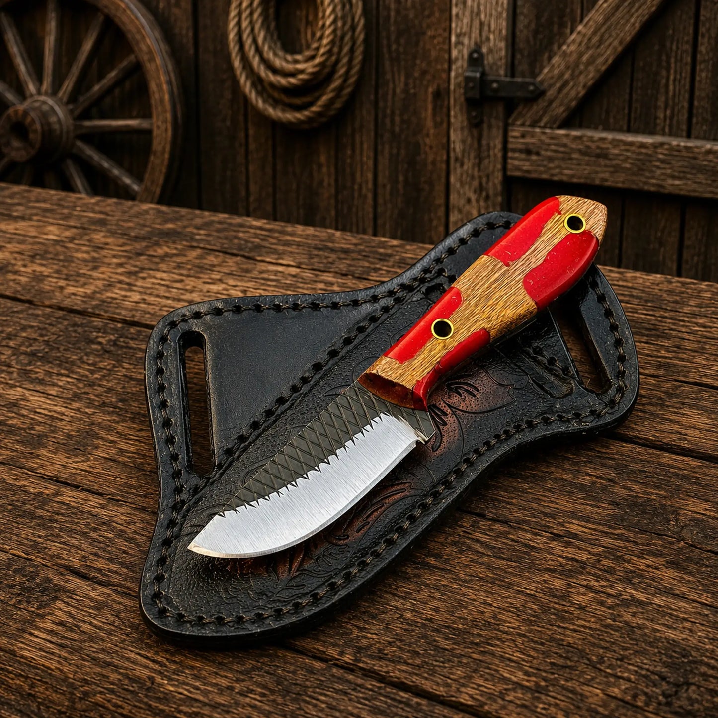 Compact Cowboy Skinning Knife with Ferrier rasp steel blade and red epoxy resin handle.