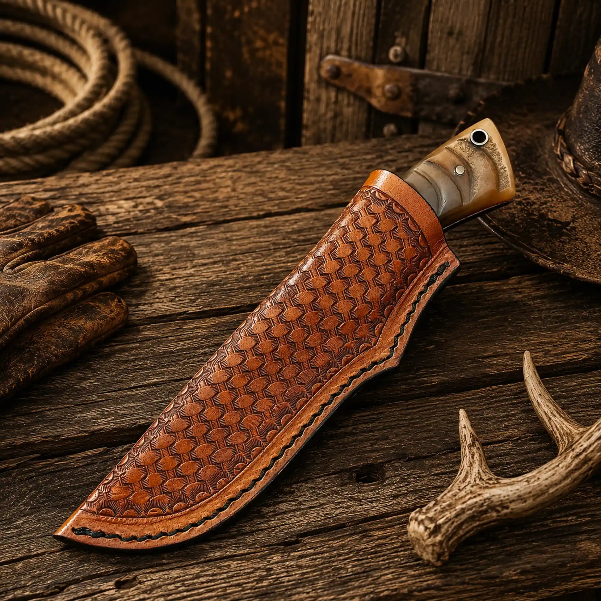 CSKFORGED handmade Copper Damascus knife with Ram Horn handle with basket-weave leather sheath.