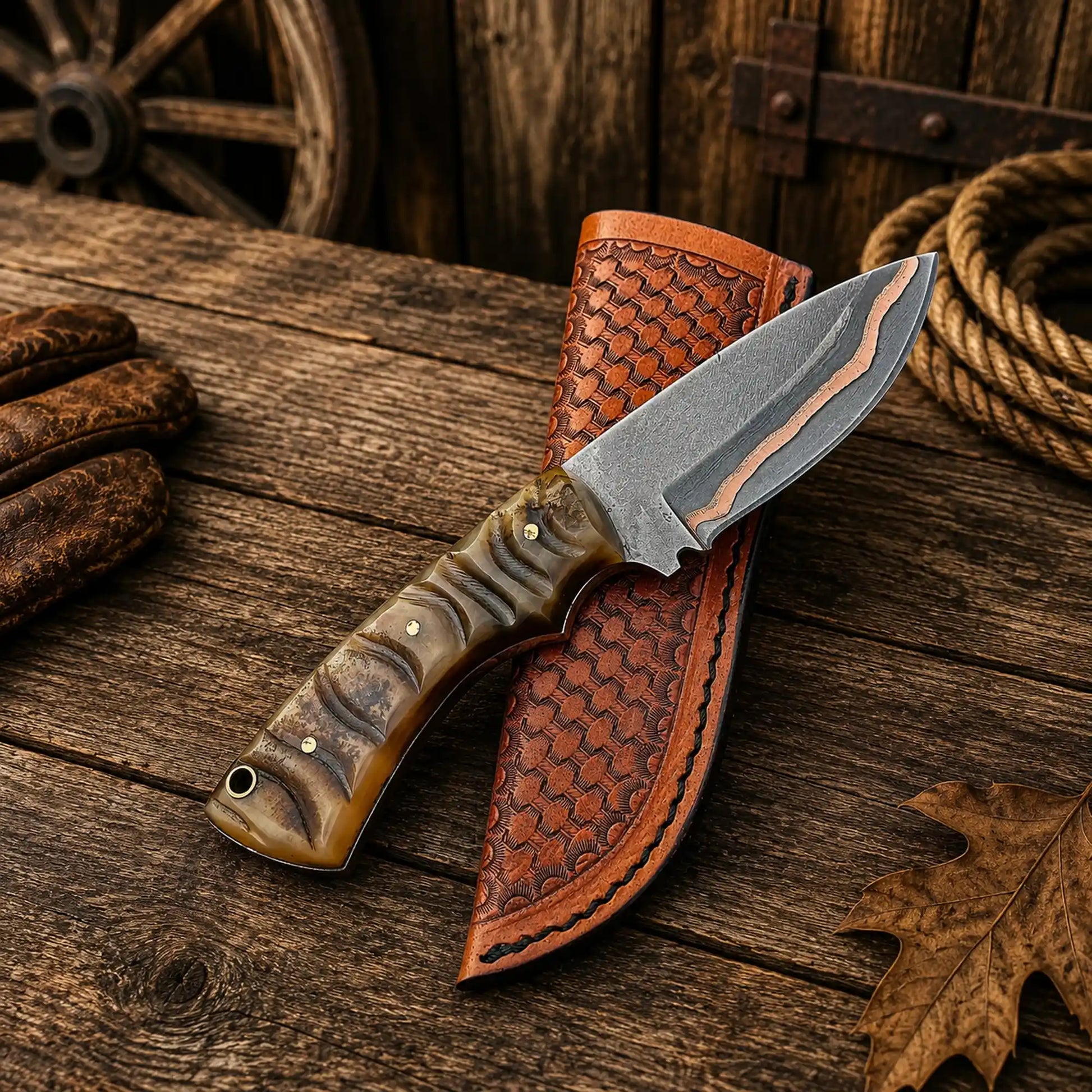 Handmade Copper Damascus hunting knife with genuine Ram Horn handle and leather belt sheath.