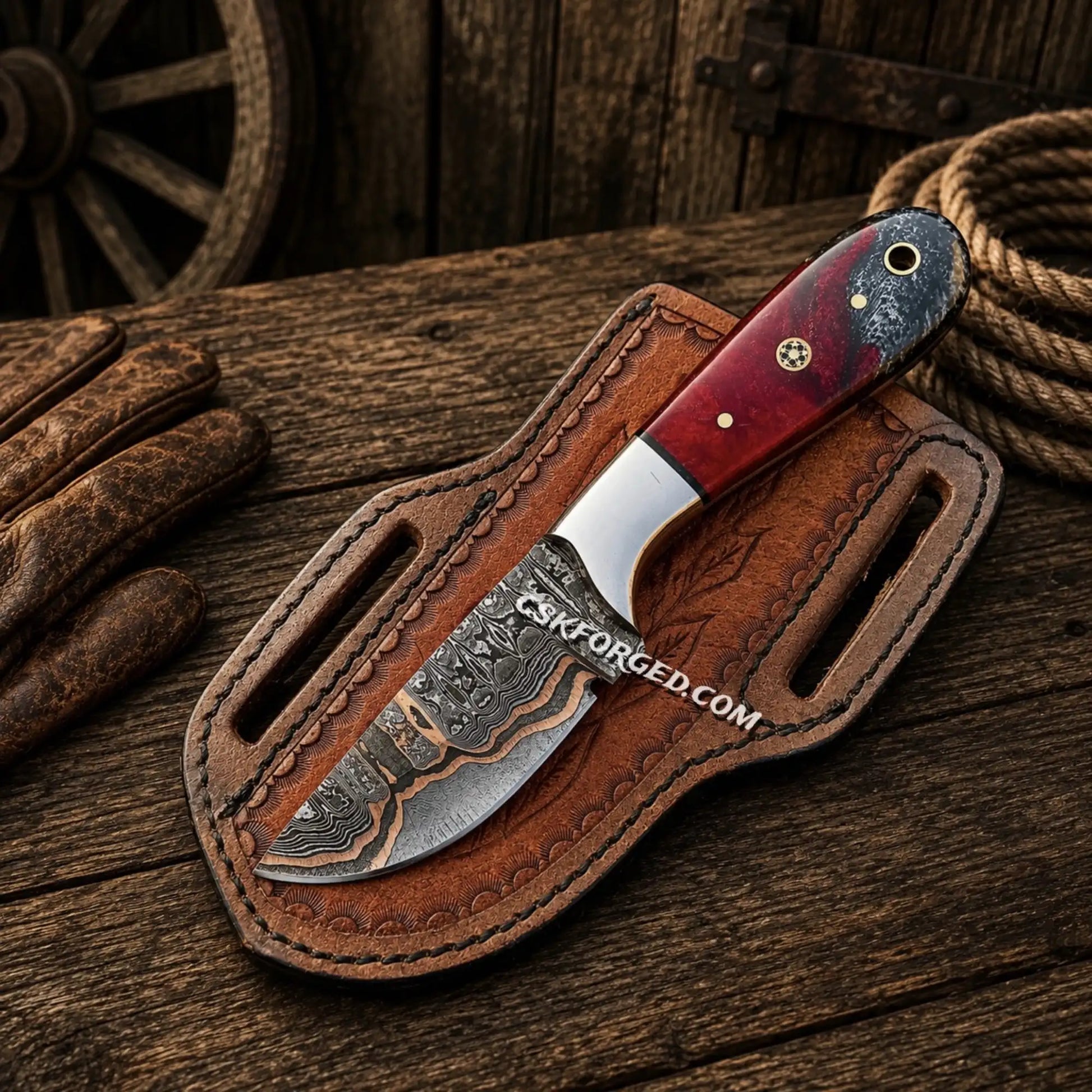 Premium Copper Damascus hunting knife featuring an epoxy resin handle.