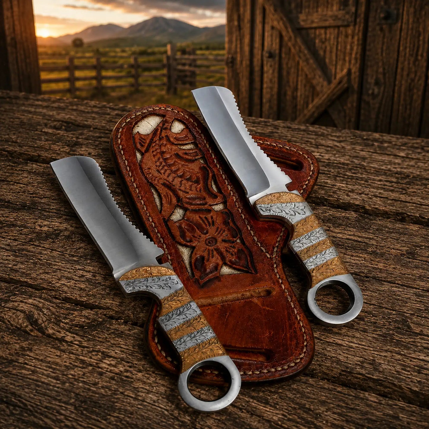 Hand engraved cowboy bull cutter knife with D2 steel blade pancake sheath