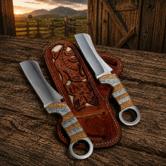 Hand engraved cowboy bull cutter knife with D2 steel blade pancake sheath