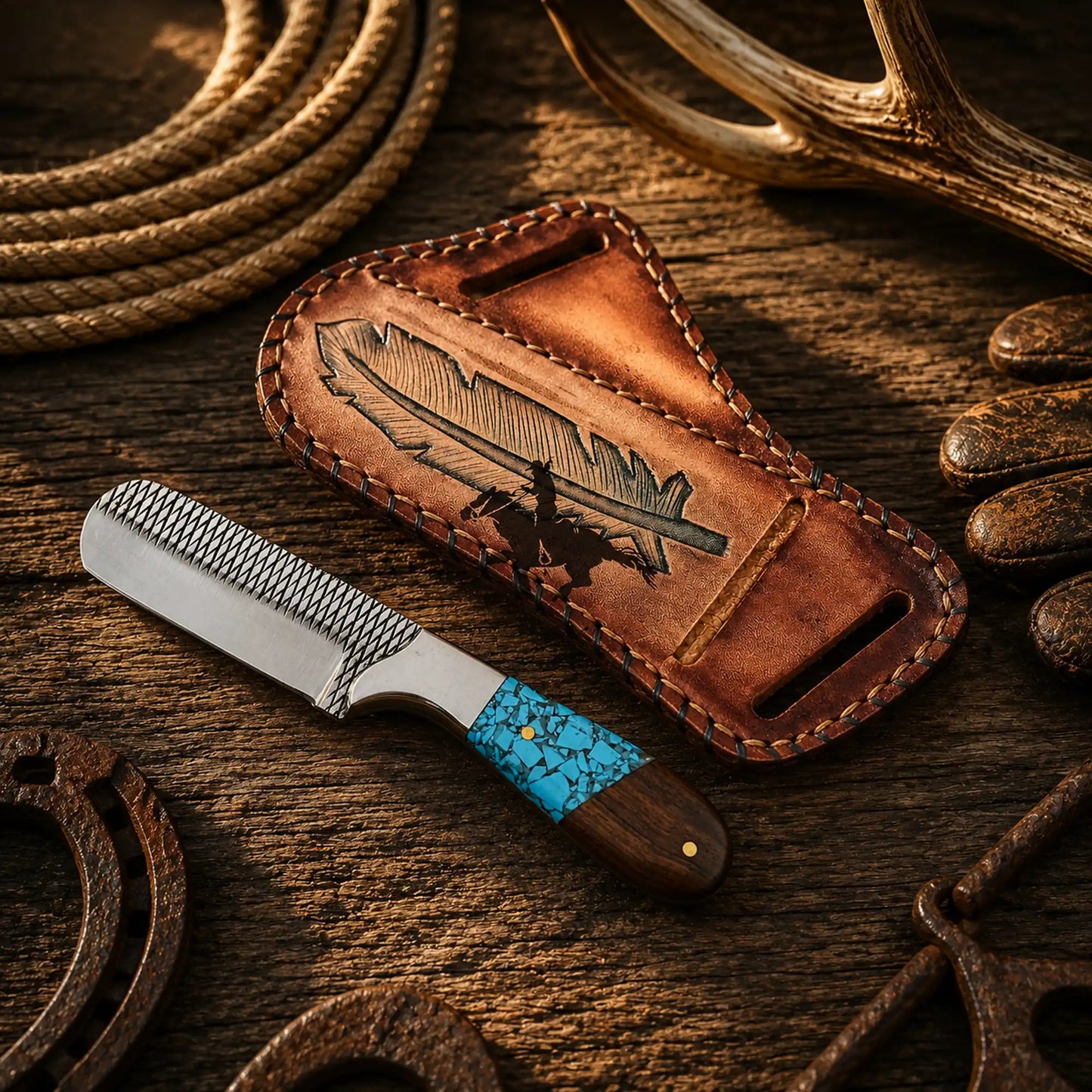 Handmade cowboy hunting knife with leather pancake belt sheath.