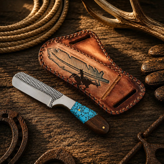 Handmade cowboy hunting knife with leather pancake belt sheath.
