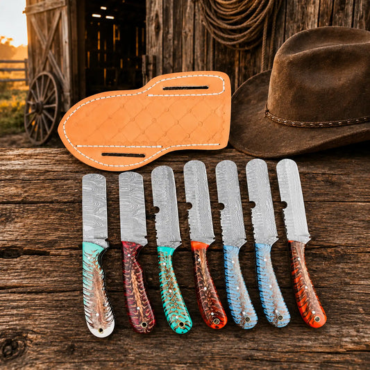 Cowboy bull cutter knife with epoxy pinecone handle pancake sheath