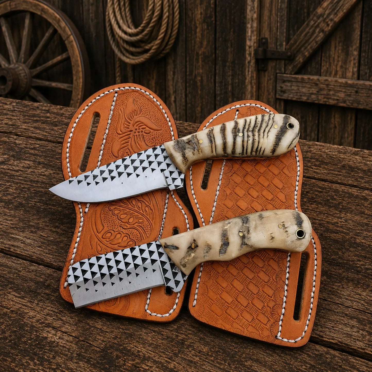 Cowboy Bull Cutter and Skinner Knife Set with Ferrier rasp steel blades and ram horn handles.