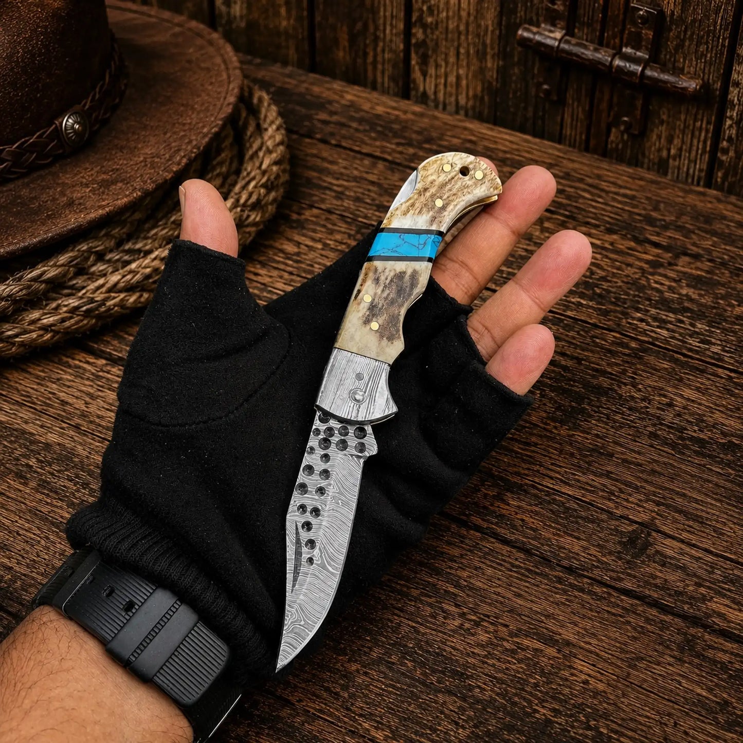 Handmade Cowboy Damascus Steel Folding Pocket Knife with natural antler horn handle, turquoise inlay, and razor-sharp patterned Damascus blade by CSKFORGED.