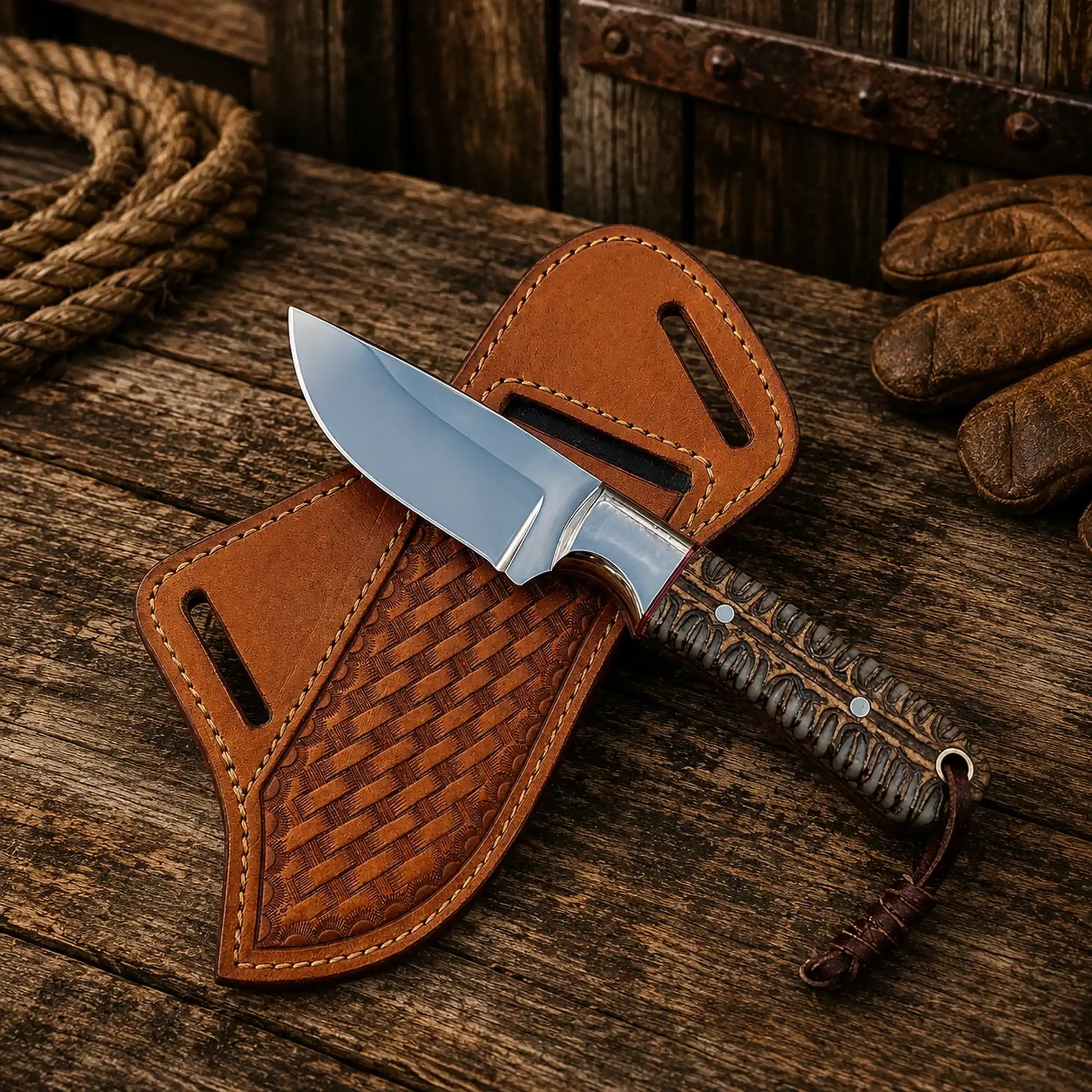 Premium D2 steel hunting knife with handcrafted leather belt sheath.