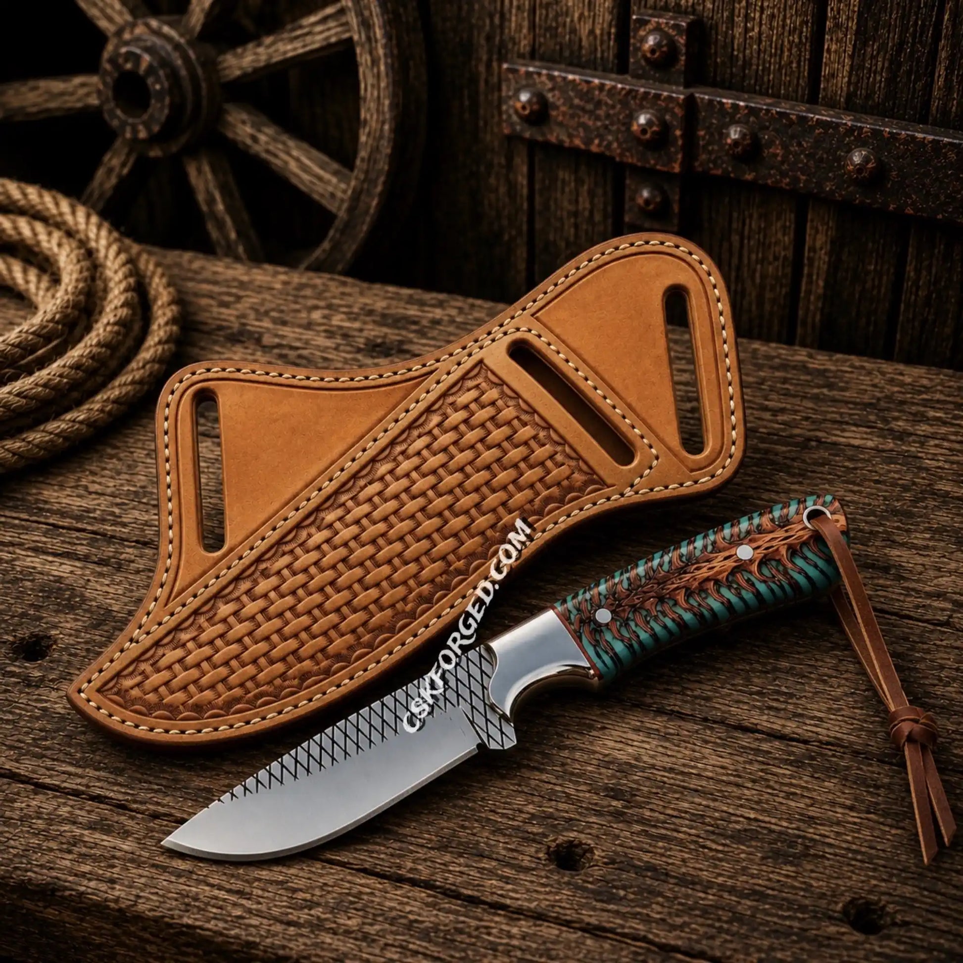 Handmade Cowboy Hunting Knife with forged rasp steel blade and pinecone resin handle.