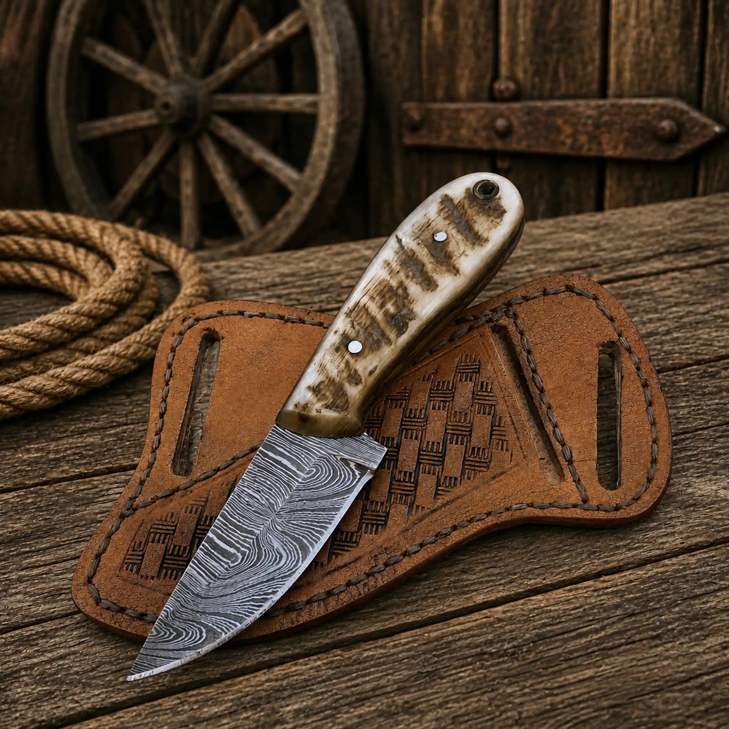 Handmade cowboy knife with 3.25-inch Damascus steel blade and ram horn handle.