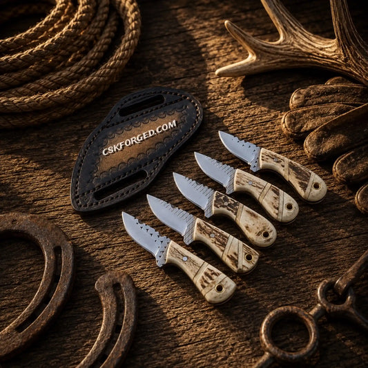 Cowboy mini ranch knife set with rasp steel blades and stag horn handles with handcrafted leather belt sheath