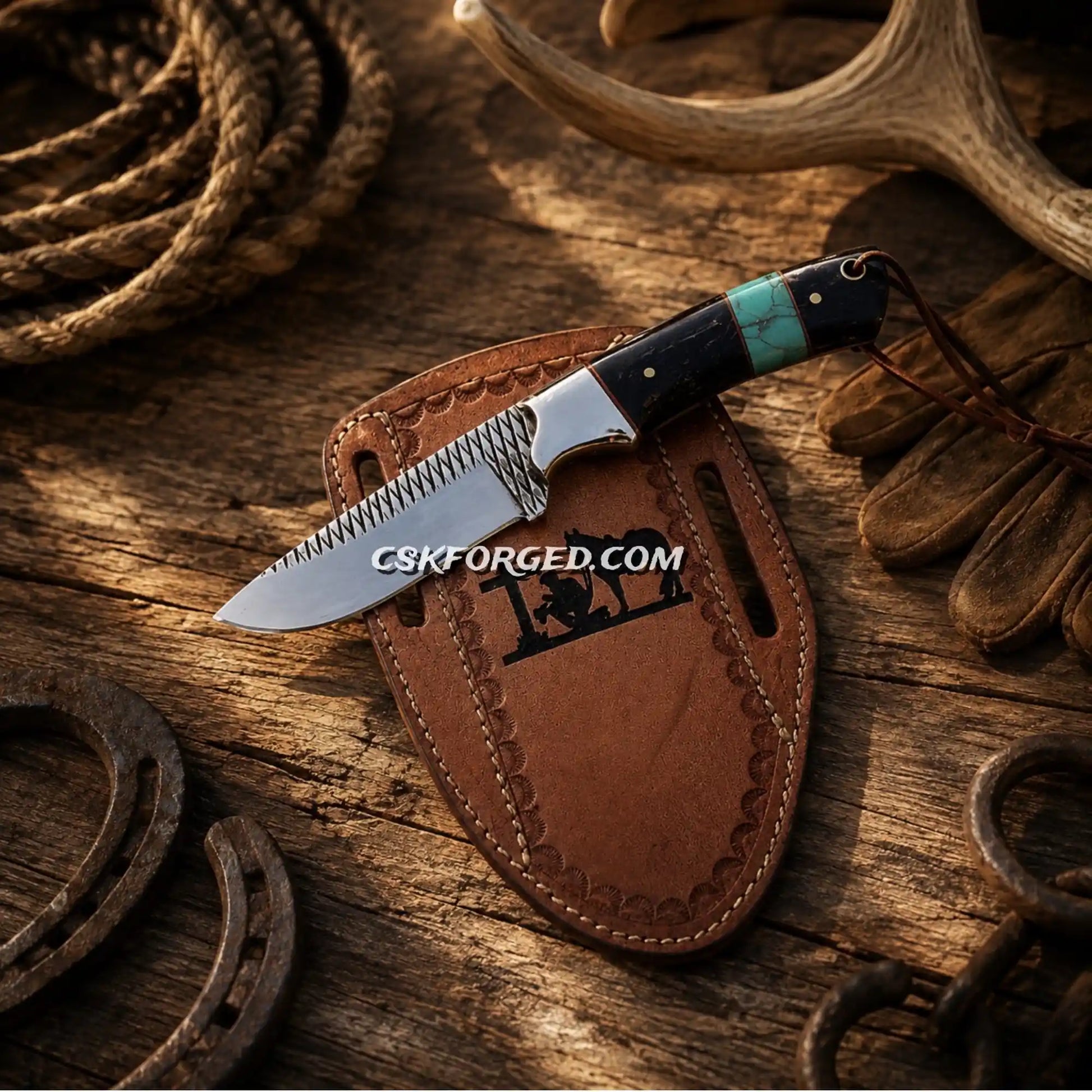 Cowboy ranch knife with 4-inch rasp steel blade and turquoise inlay horn handle with cross-draw leather belt sheath