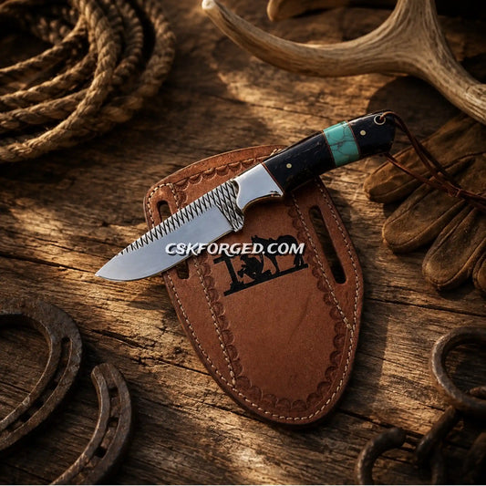Cowboy ranch knife with 4-inch rasp steel blade and turquoise inlay horn handle with cross-draw leather belt sheath