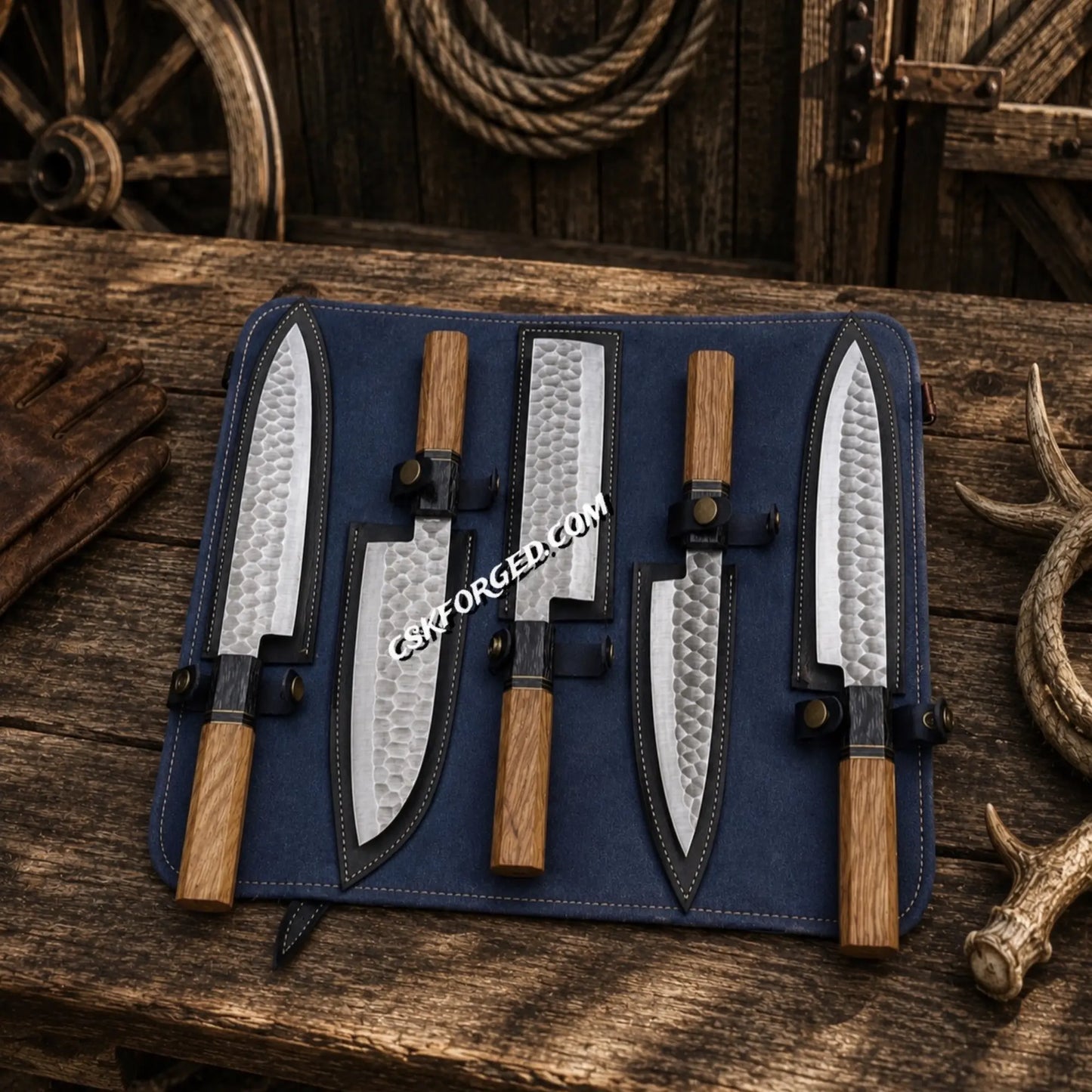 Premium Japanese chef knives by CSKFORGED with leather carrying case.
