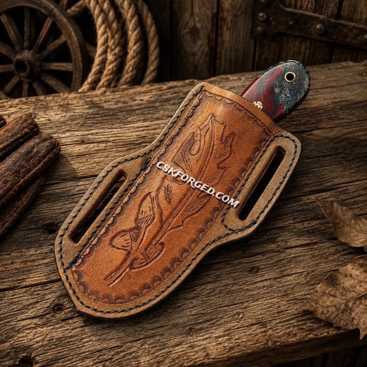 CSKFORGED Copper Damascus fixed blade knife with ergonomic resin handle.