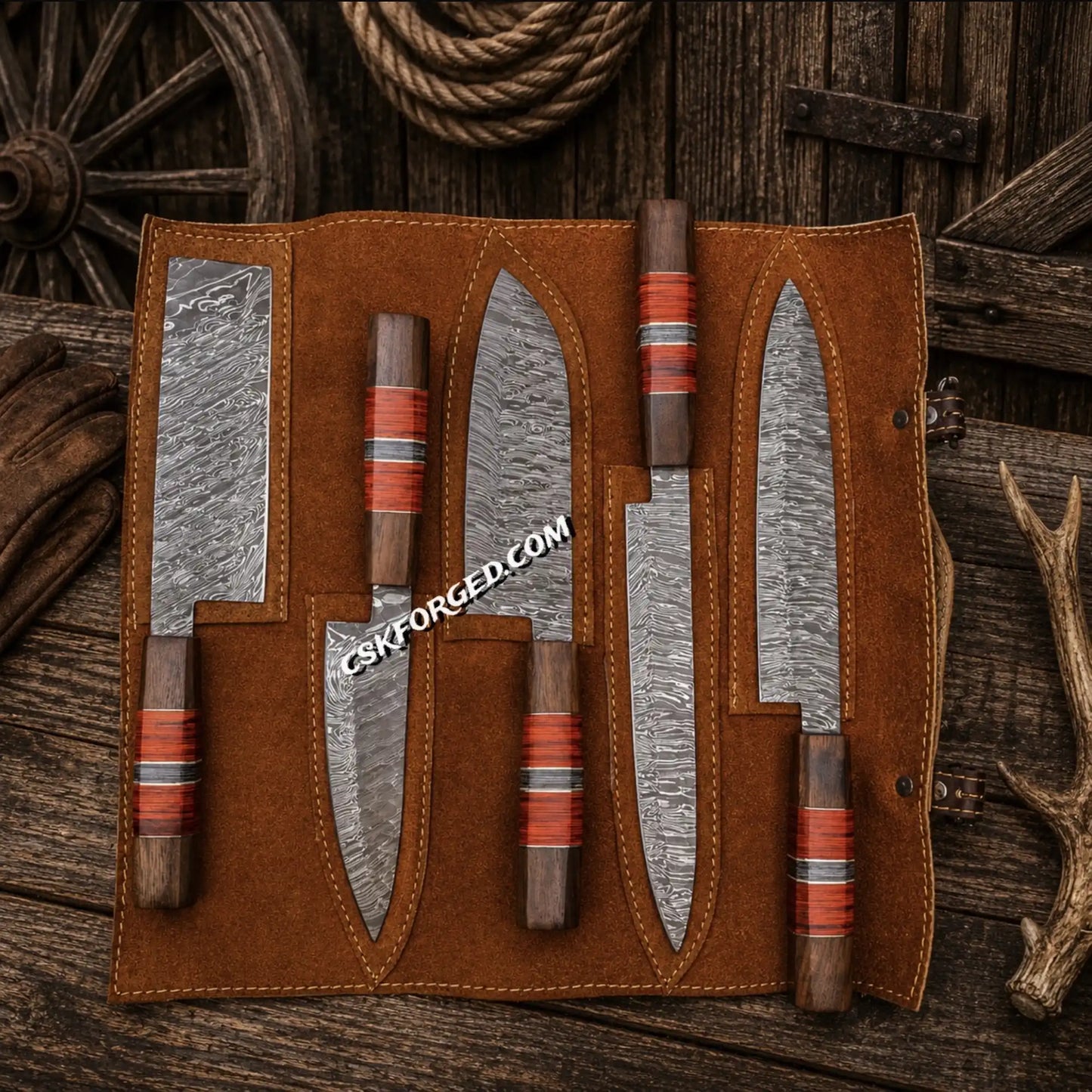 Premium Damascus chef knife set by CSKFORGED with leather knife roll.