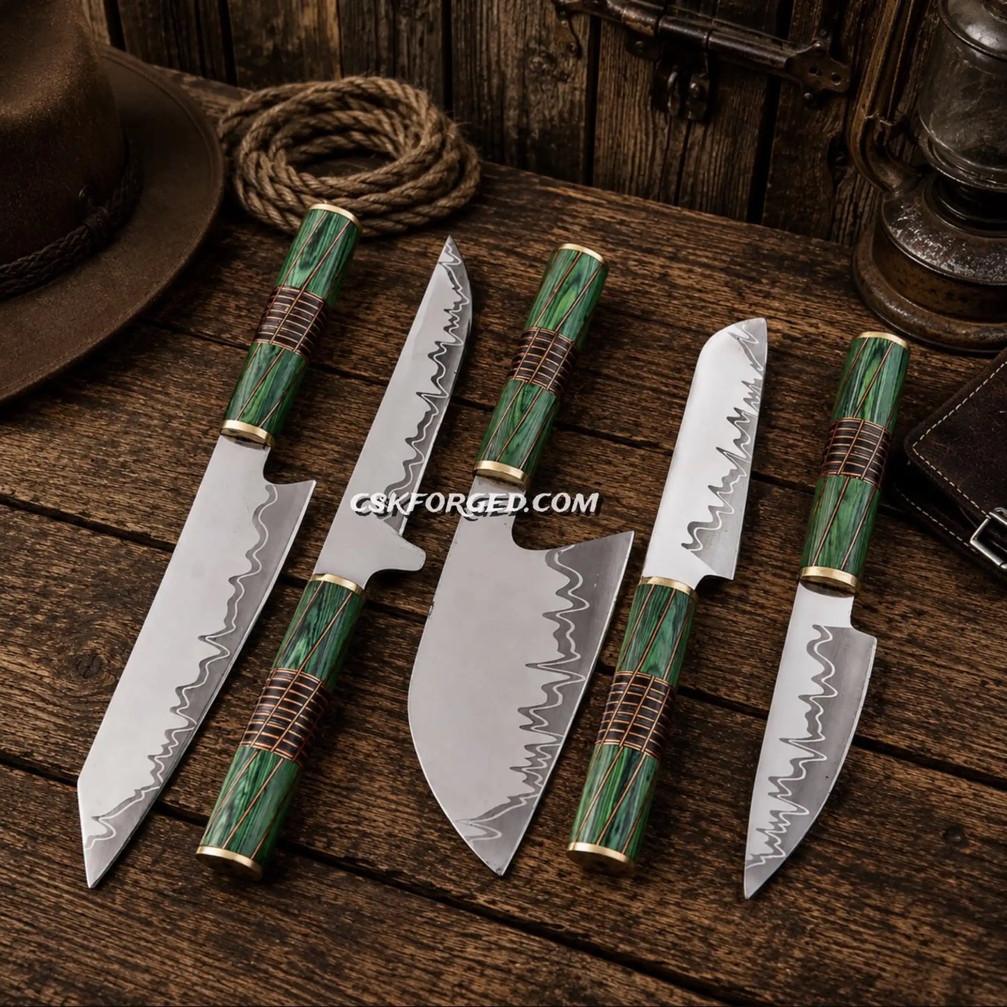 Cu Mai D2 steel chef knife set with green Pakka wood handles.