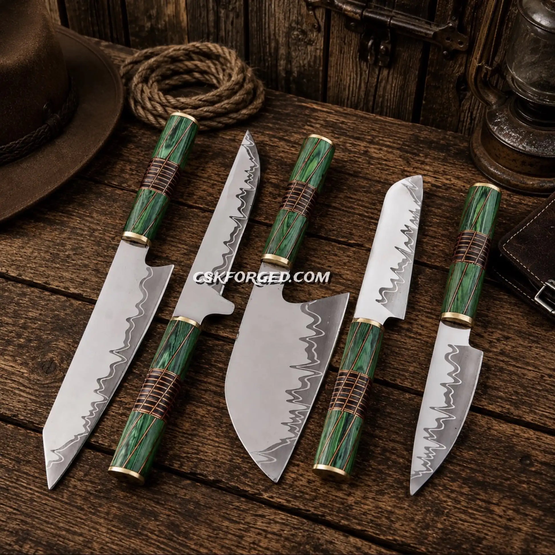 Cu Mai D2 steel chef knife set with green Pakka wood handles.