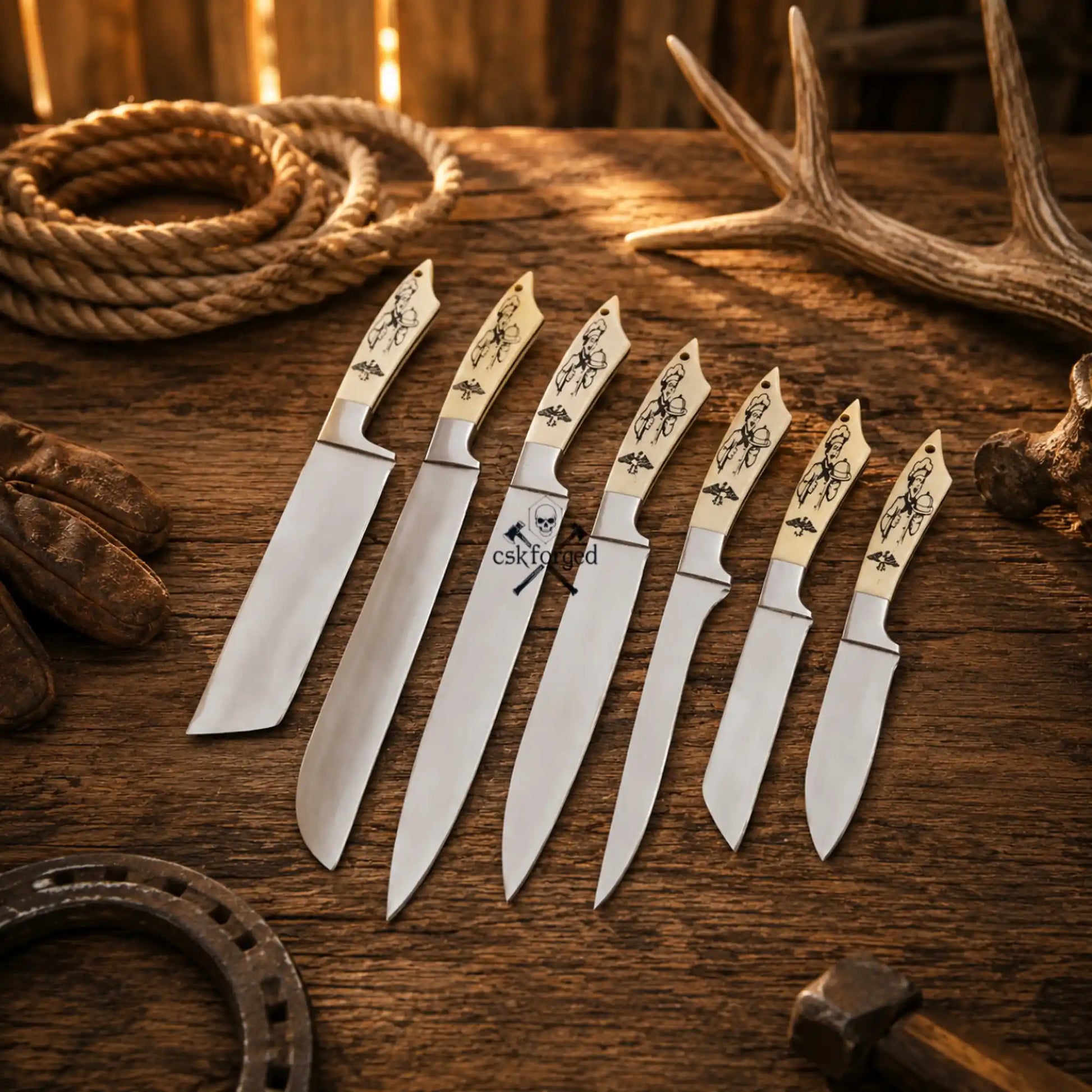 Handmade 7-piece D2 steel chef knife set with camel bone handles and leather carry kit.