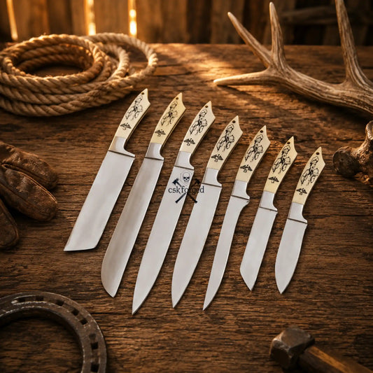 Handmade 7-piece D2 steel chef knife set with camel bone handles and leather carry kit.