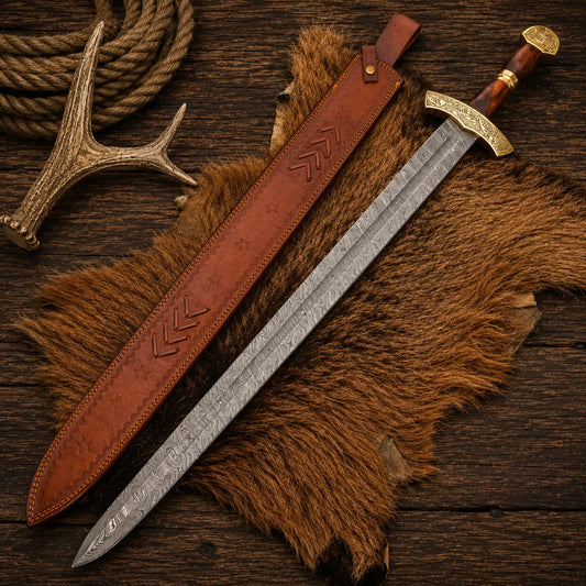 Damascus Viking Sword Valhalla Reaper with rosewood handle and leather sheath.