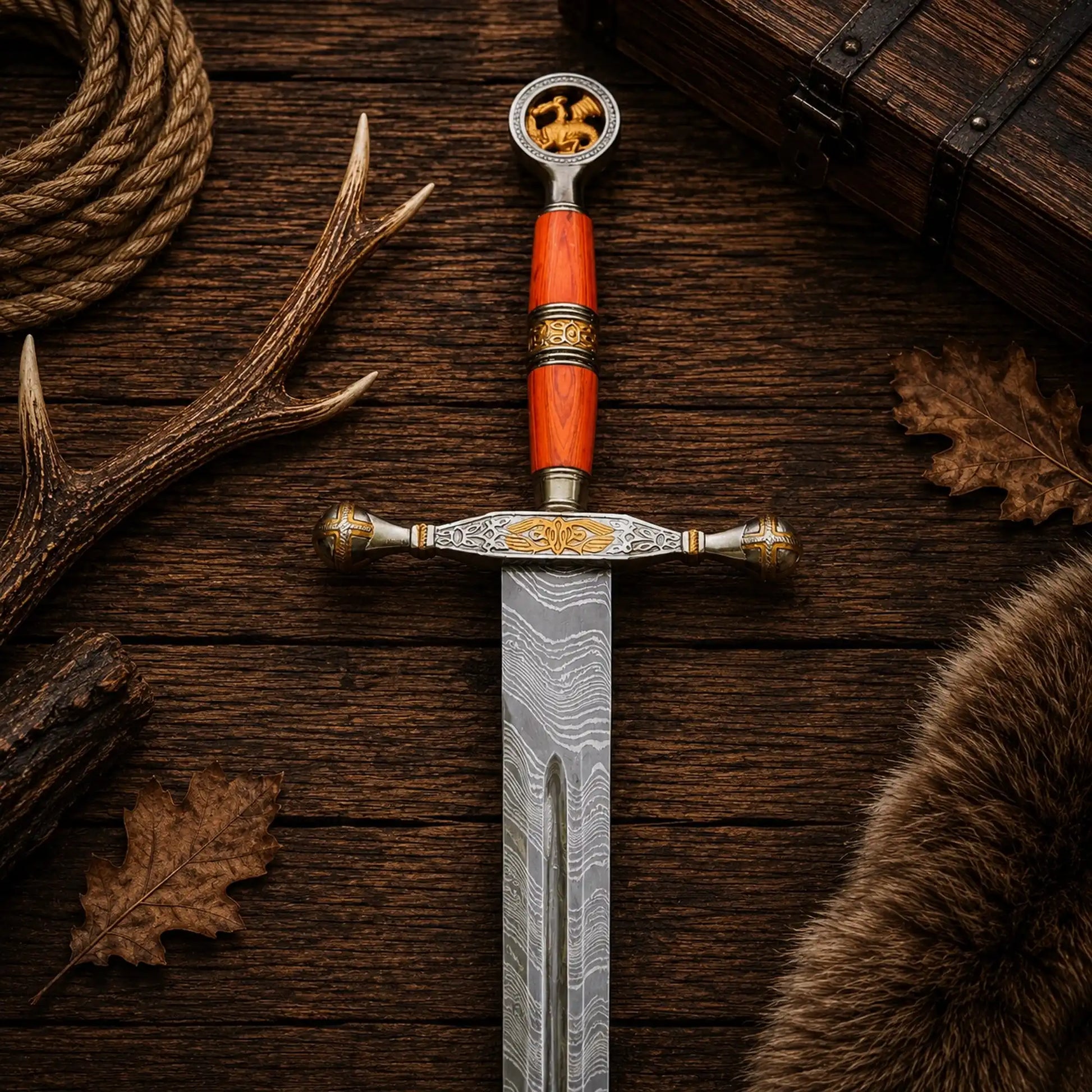 Ember Sigil Damascus steel handmade fantasy collector sword handle close up.