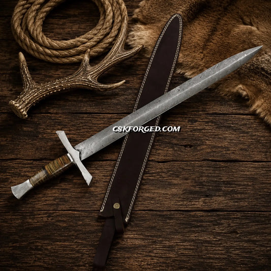 European-style Bastard Sword with solid wood grip and Damascus steel fittings.