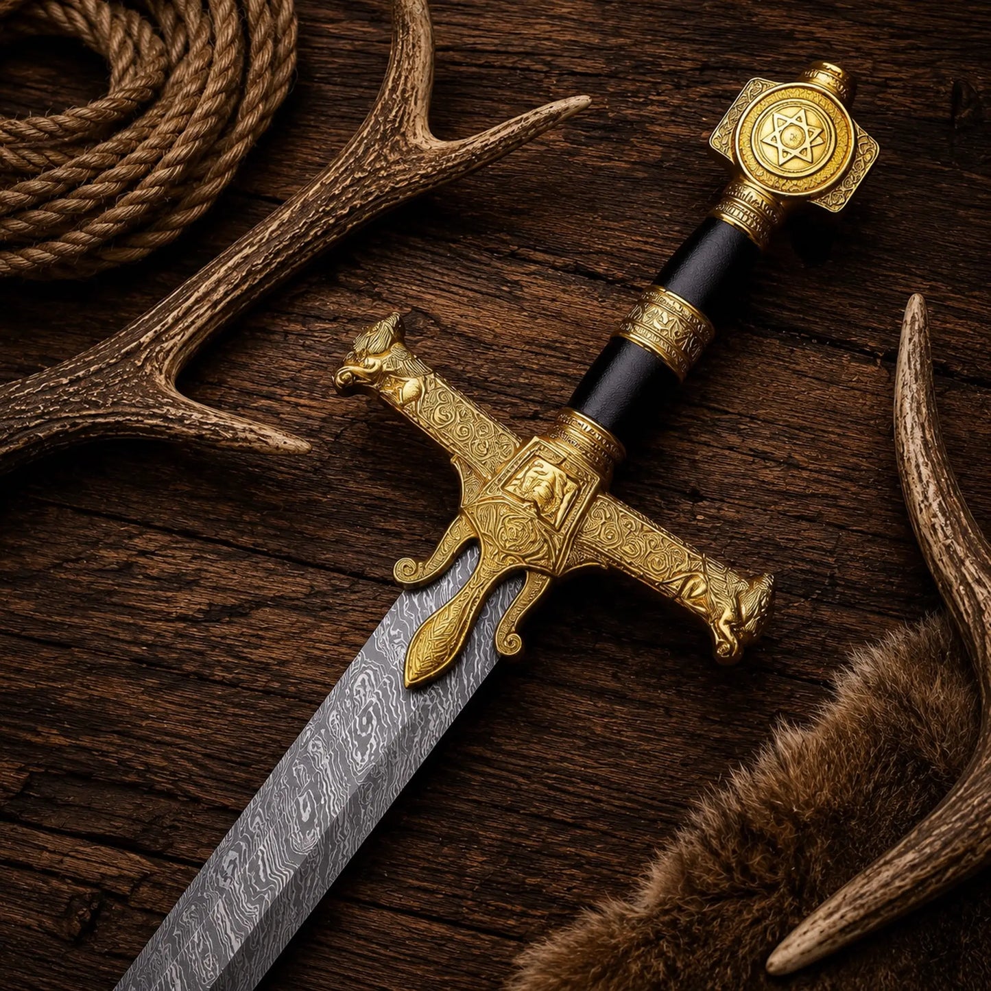 Fantasy knight sword with engraved golden crossguard and leather handle close up
