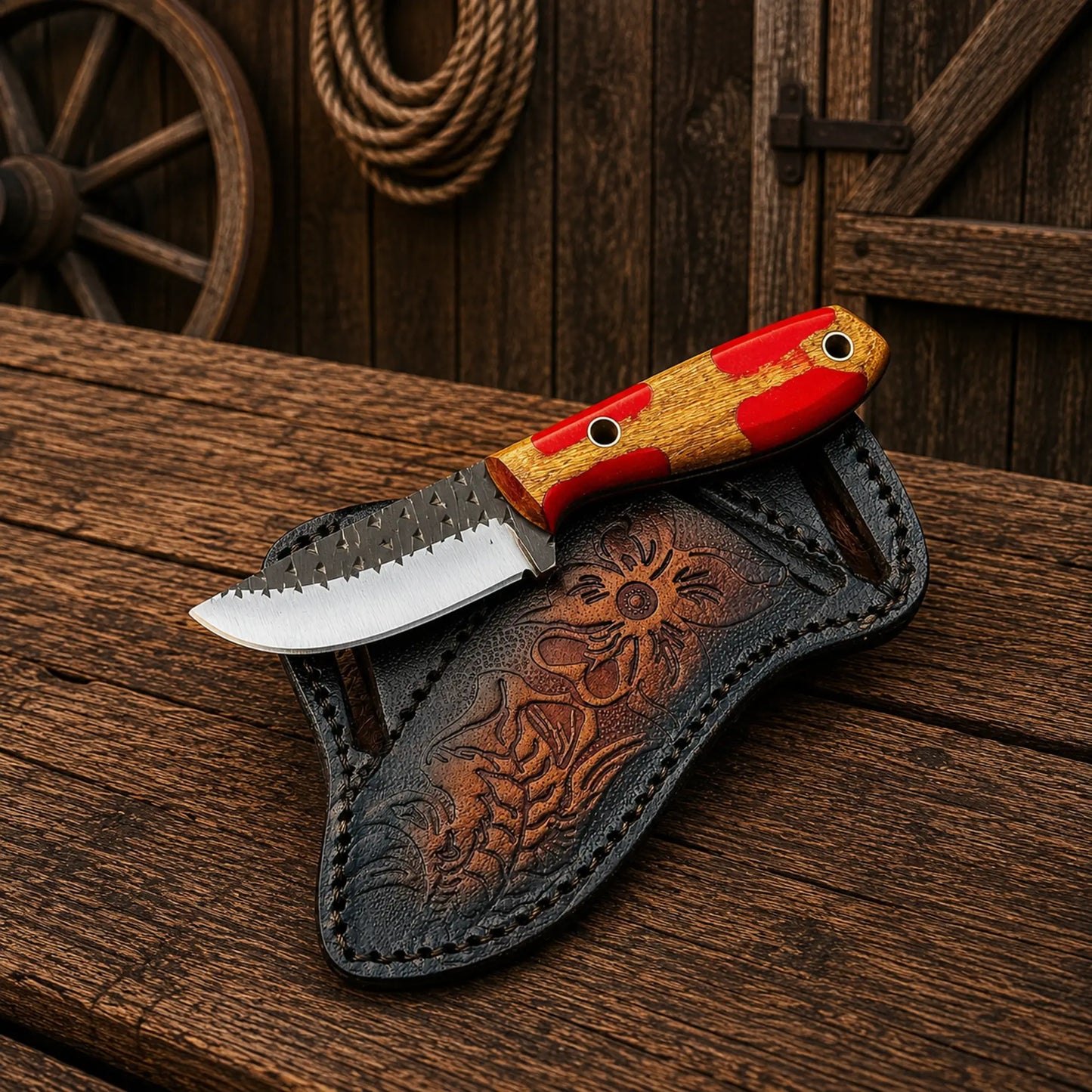 Handmade western skinning knife with decorative forged spine and leather belt sheath.