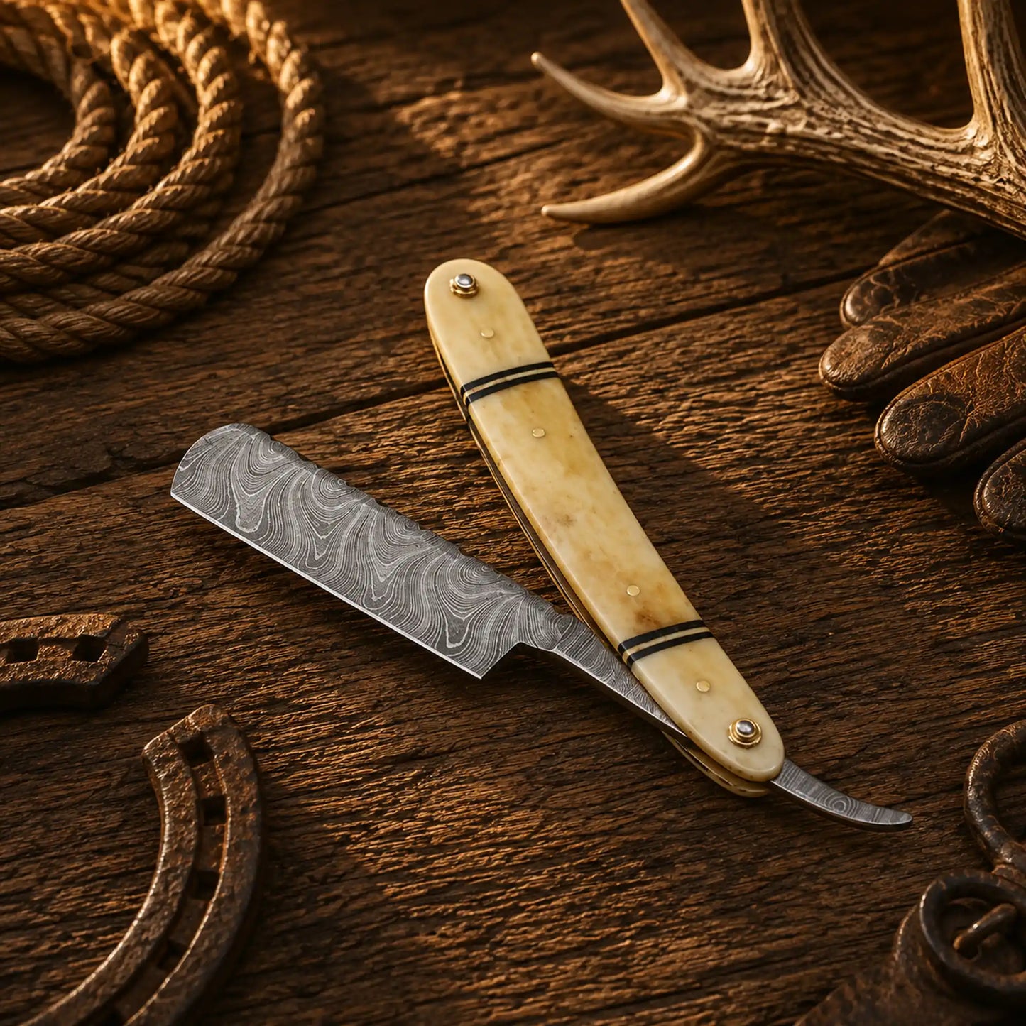 Traditional wet shaving razor with polished bone handle and Damascus blade.