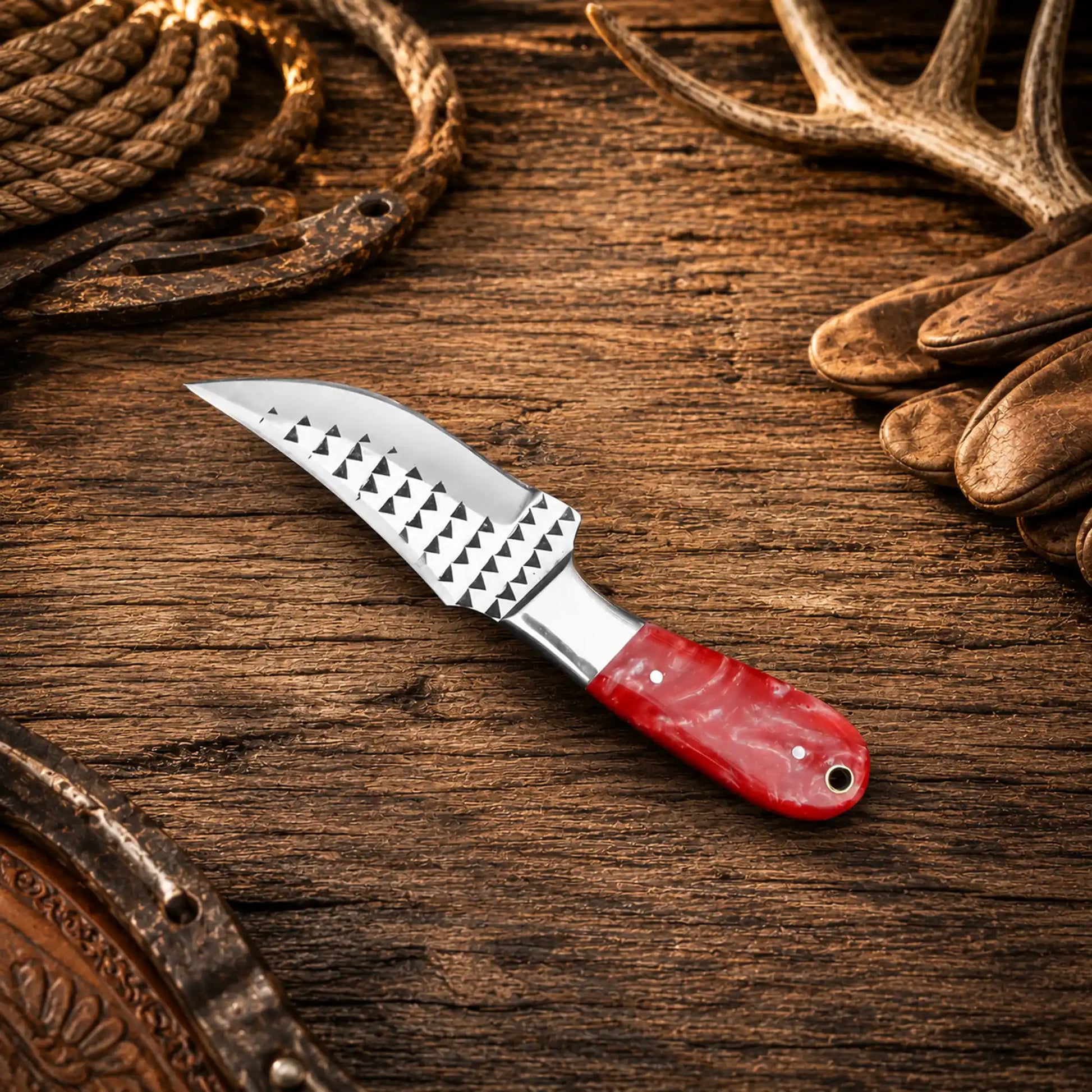 Premium handcrafted skinning knife with pancake leather belt sheath for hunting and outdoor use.