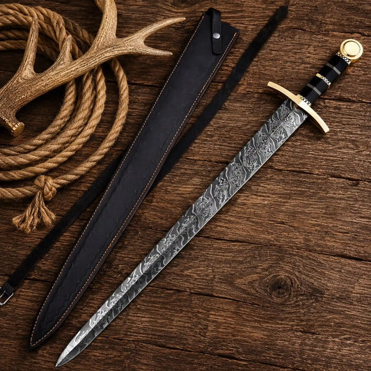 Frostfang of Odin Damascus steel Viking sword with leather sheath