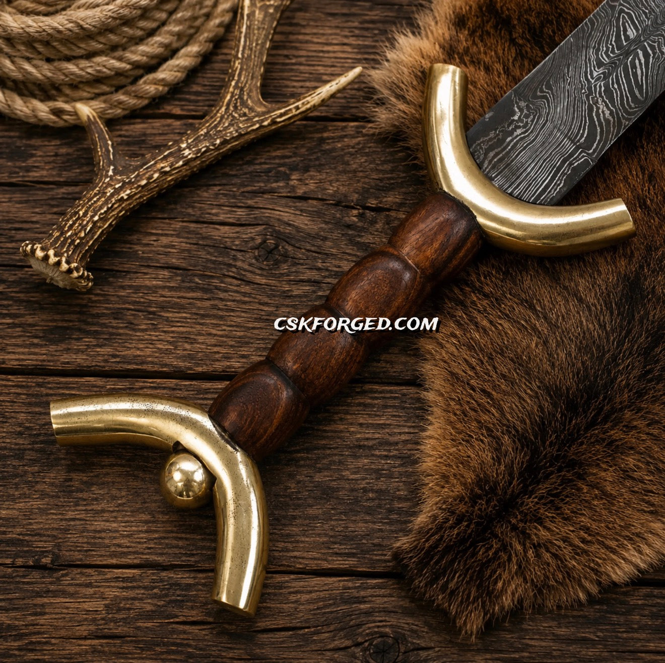 Roman Gladiator sword with brass fittings and wooden handle close up