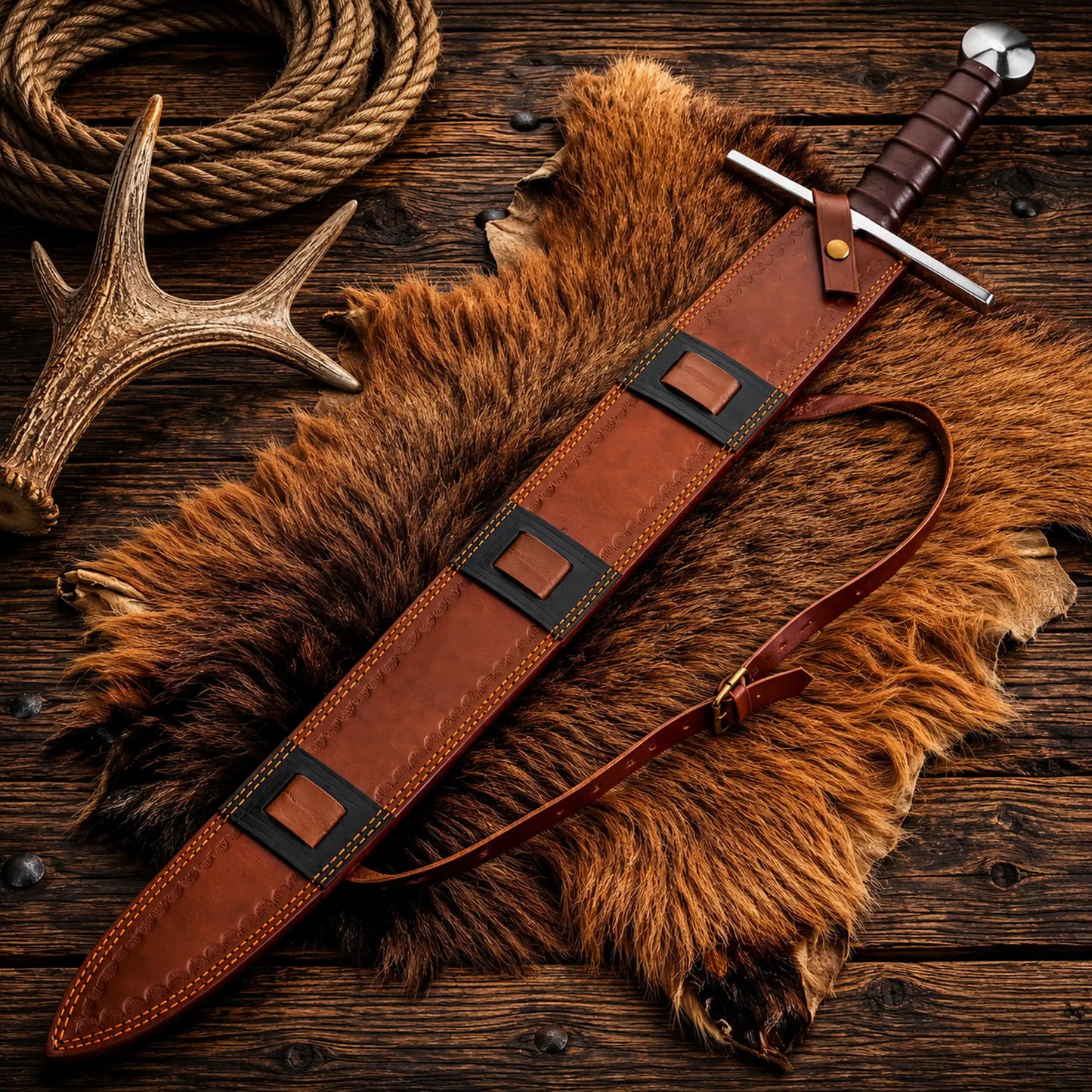 Decorative crusader longsword with leather grip and hand-cast steel guard and leather shaeth