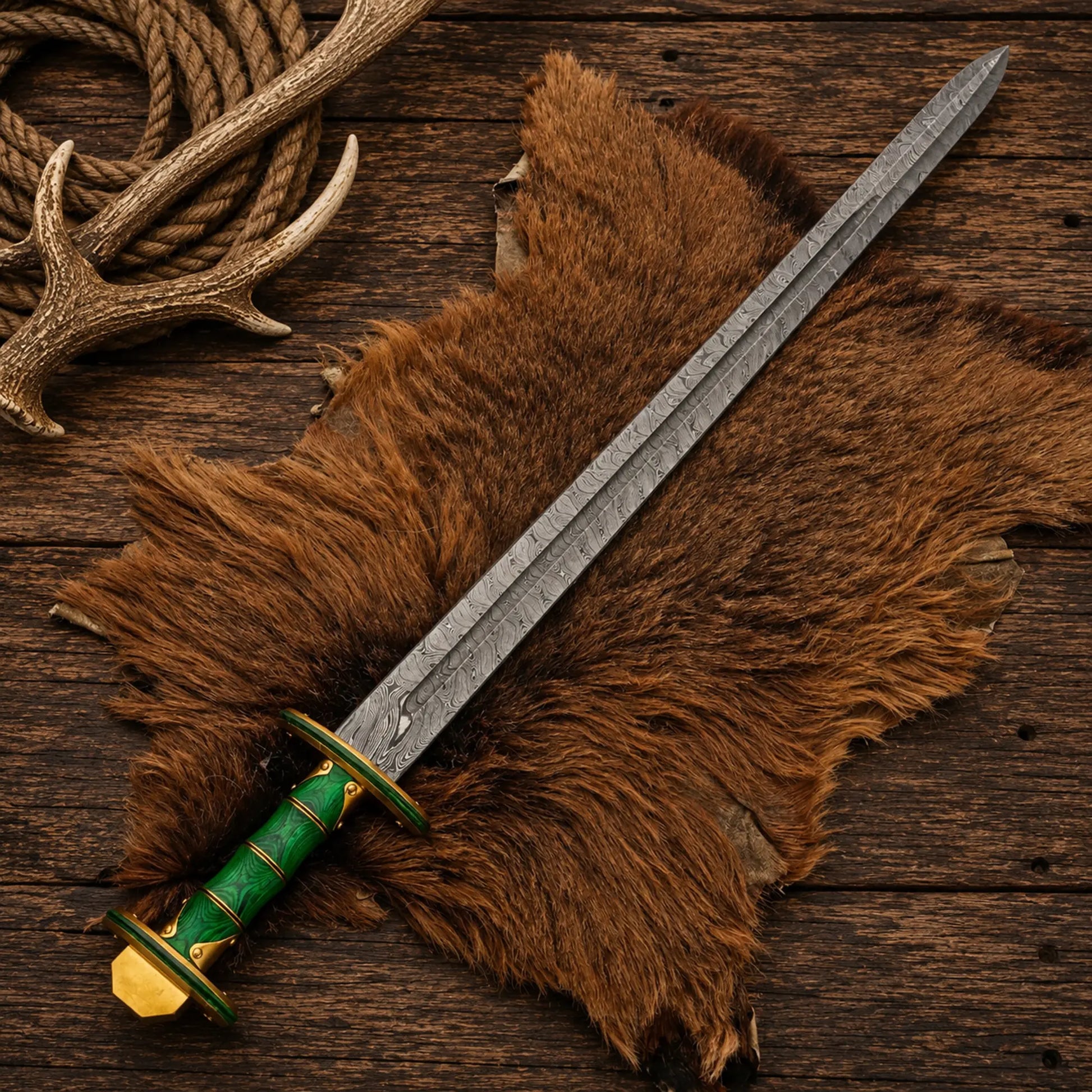 Collector's Viking sword crafted from Damascus steel and green Pakka wood.