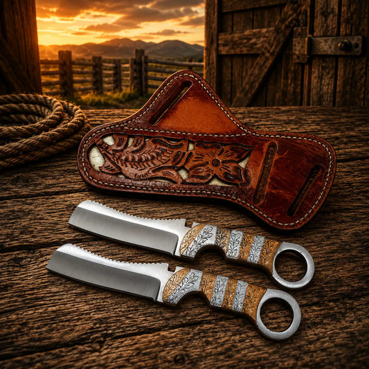 Handmade ranch knife with engrave copper and stainless steel handle pancake sheath