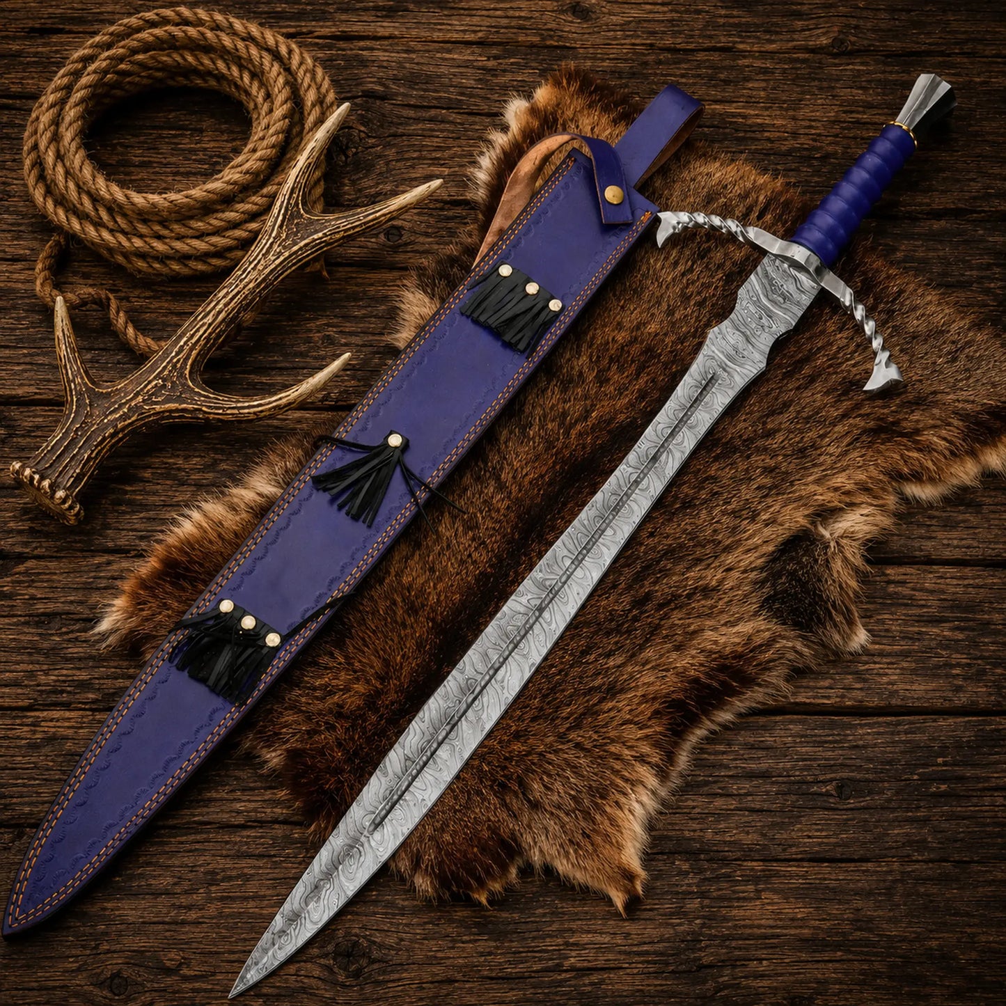 Hand forged Damascus steel medieval sword with blue leather sheath