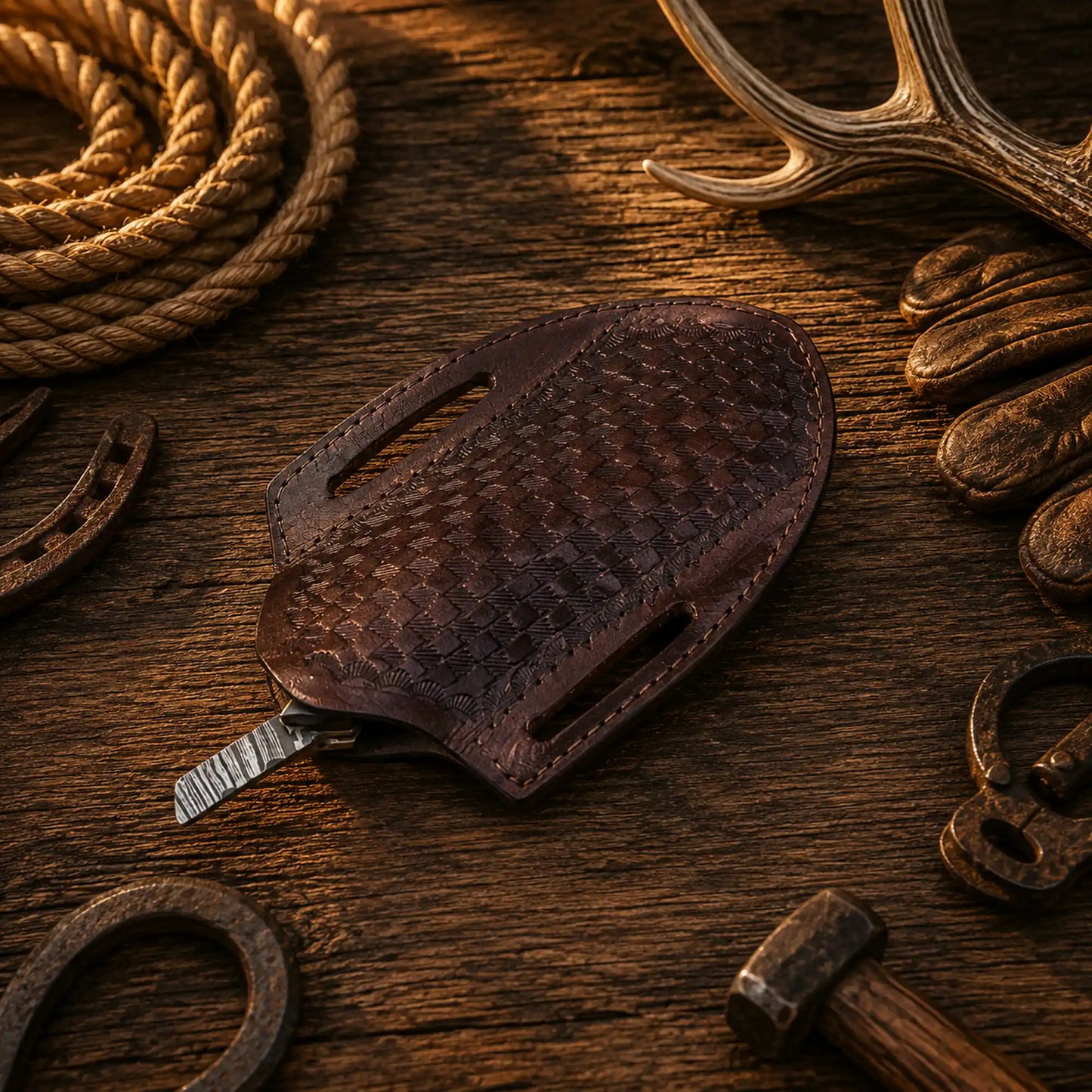 Custom barber straight razor with buffalo horn scales and handcrafted leather sheath.