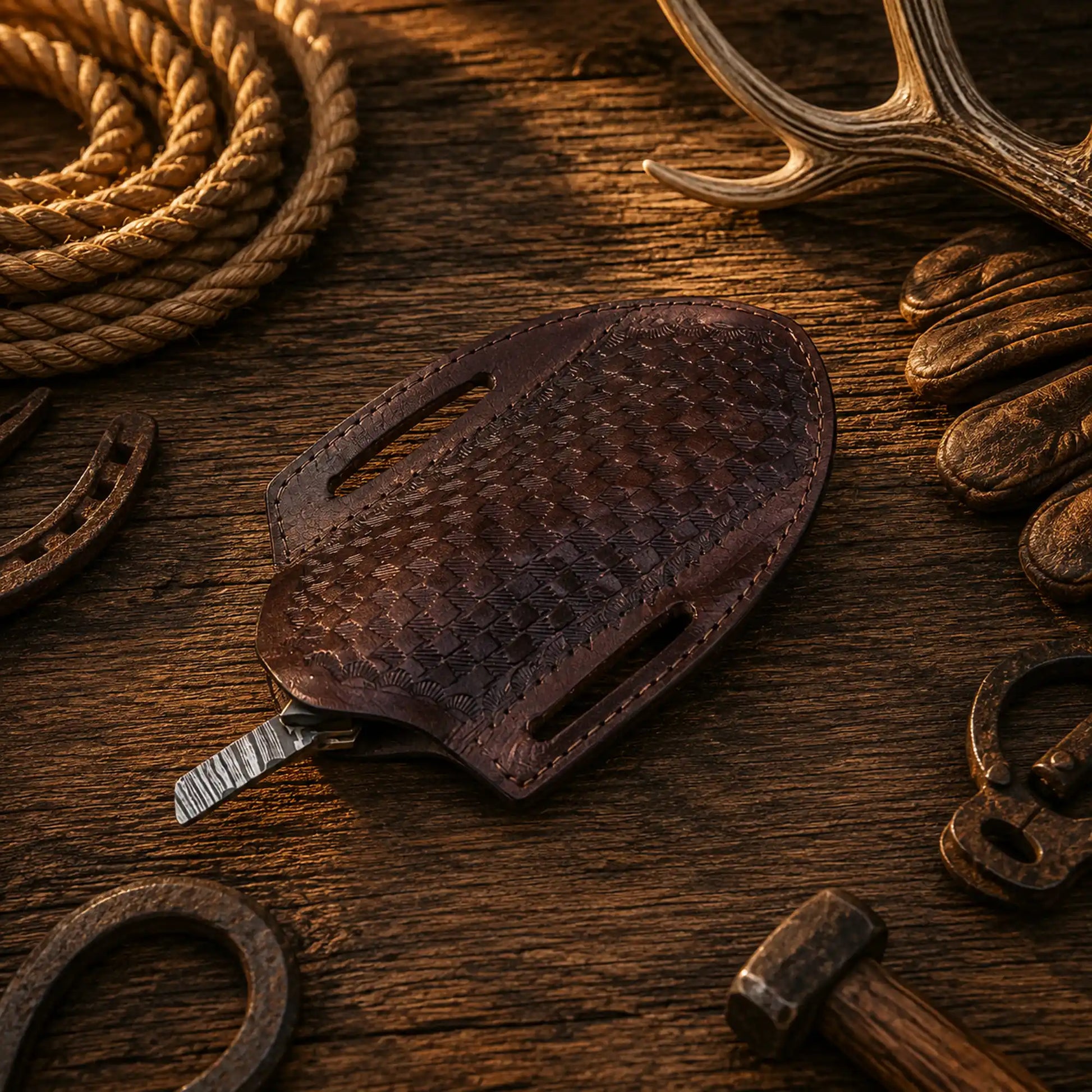 Custom barber straight razor with buffalo horn scales and handcrafted leather sheath.
