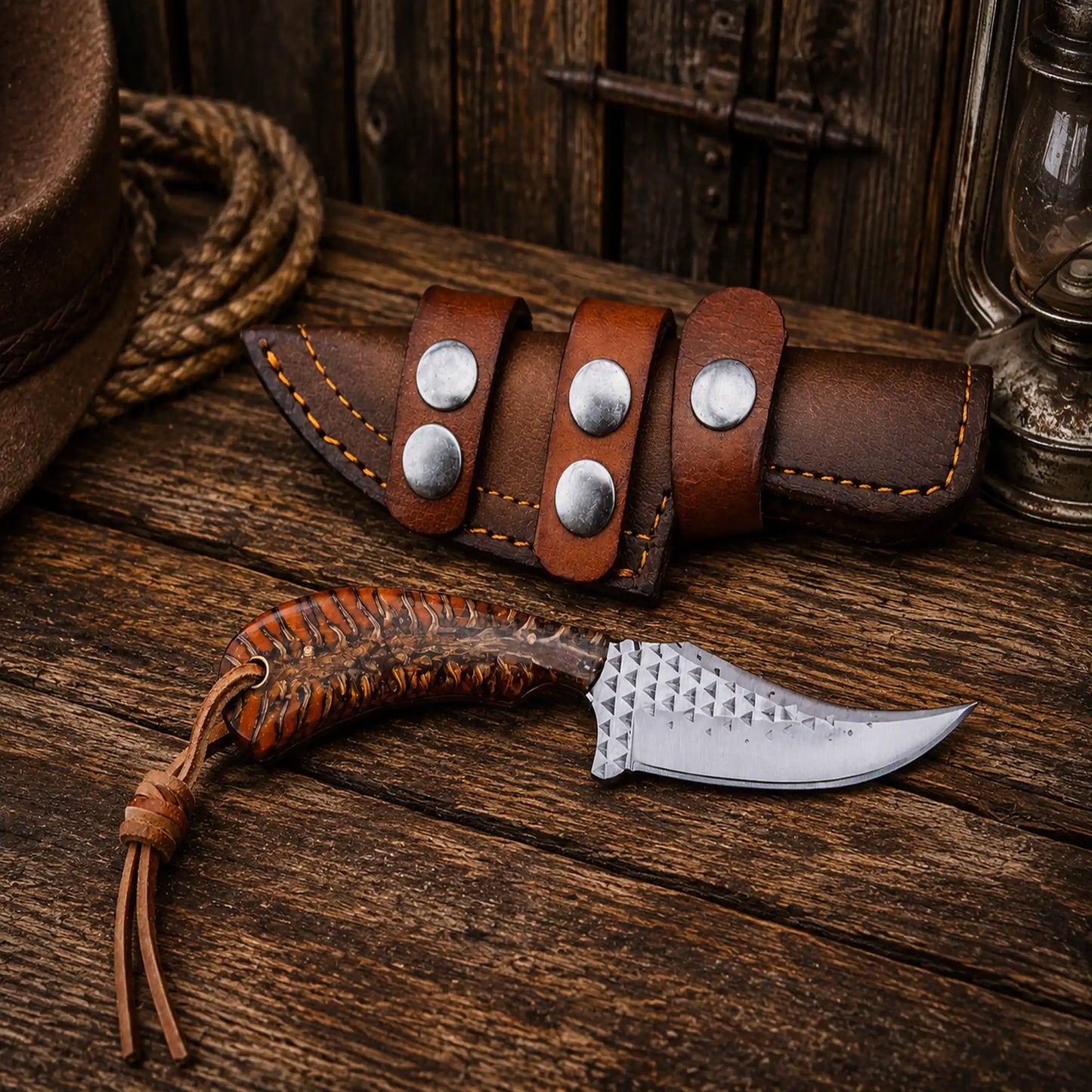 Handcrafted 7-inch Farrier Rasp Steel Western Utility Knife with pinecone resin handle and premium leather belt sheath by CSKFORGED.