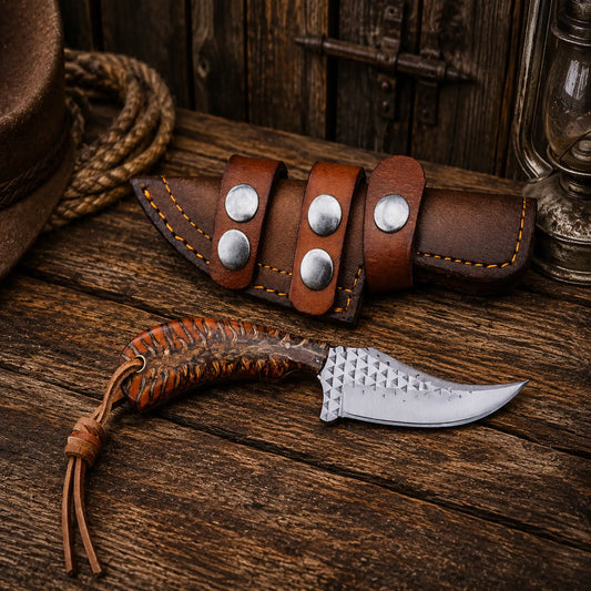 Handcrafted 7-inch Farrier Rasp Steel Western Utility Knife with pinecone resin handle and premium leather belt sheath by CSKFORGED.