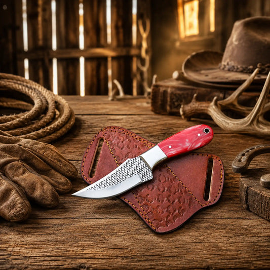 Hand-forged rasp steel Cowboy Skinning Knife with red epoxy resin handle and pancake leather sheath.