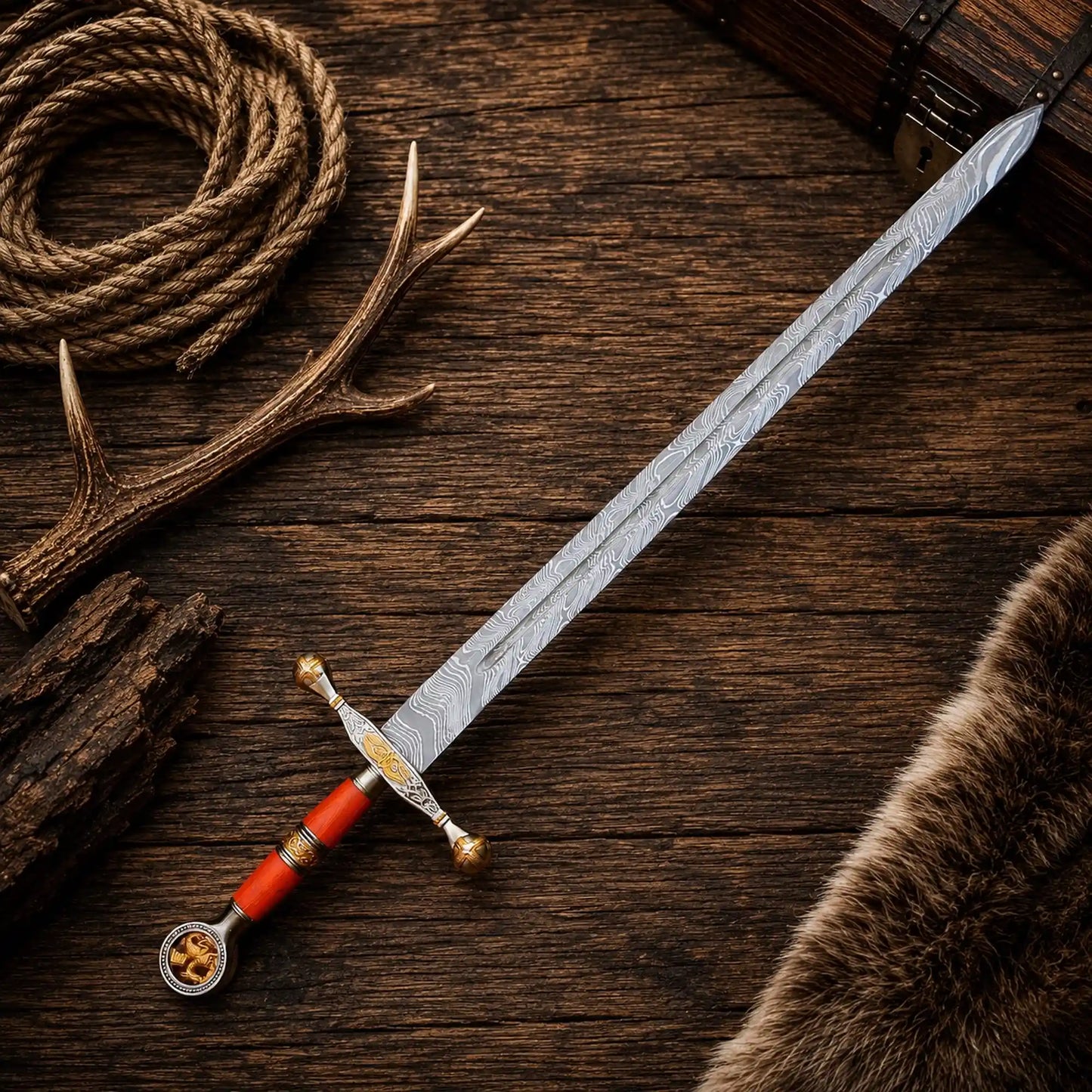 Handmade Damascus steel medieval display sword with orange wood handle